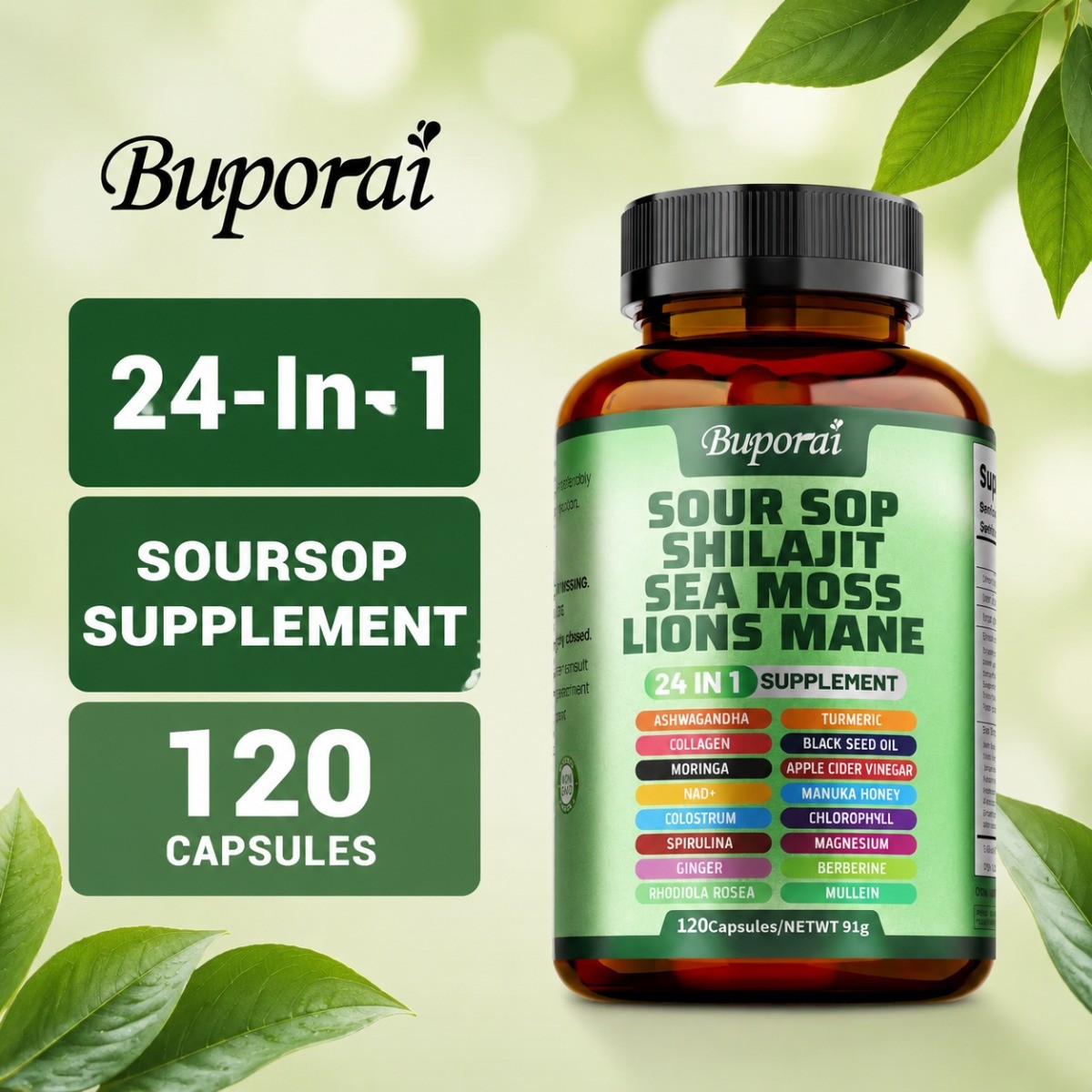 Buporai 24-in-1 Soursop | Sea Moss Lion Mane Support Skin Joint & Immune Health