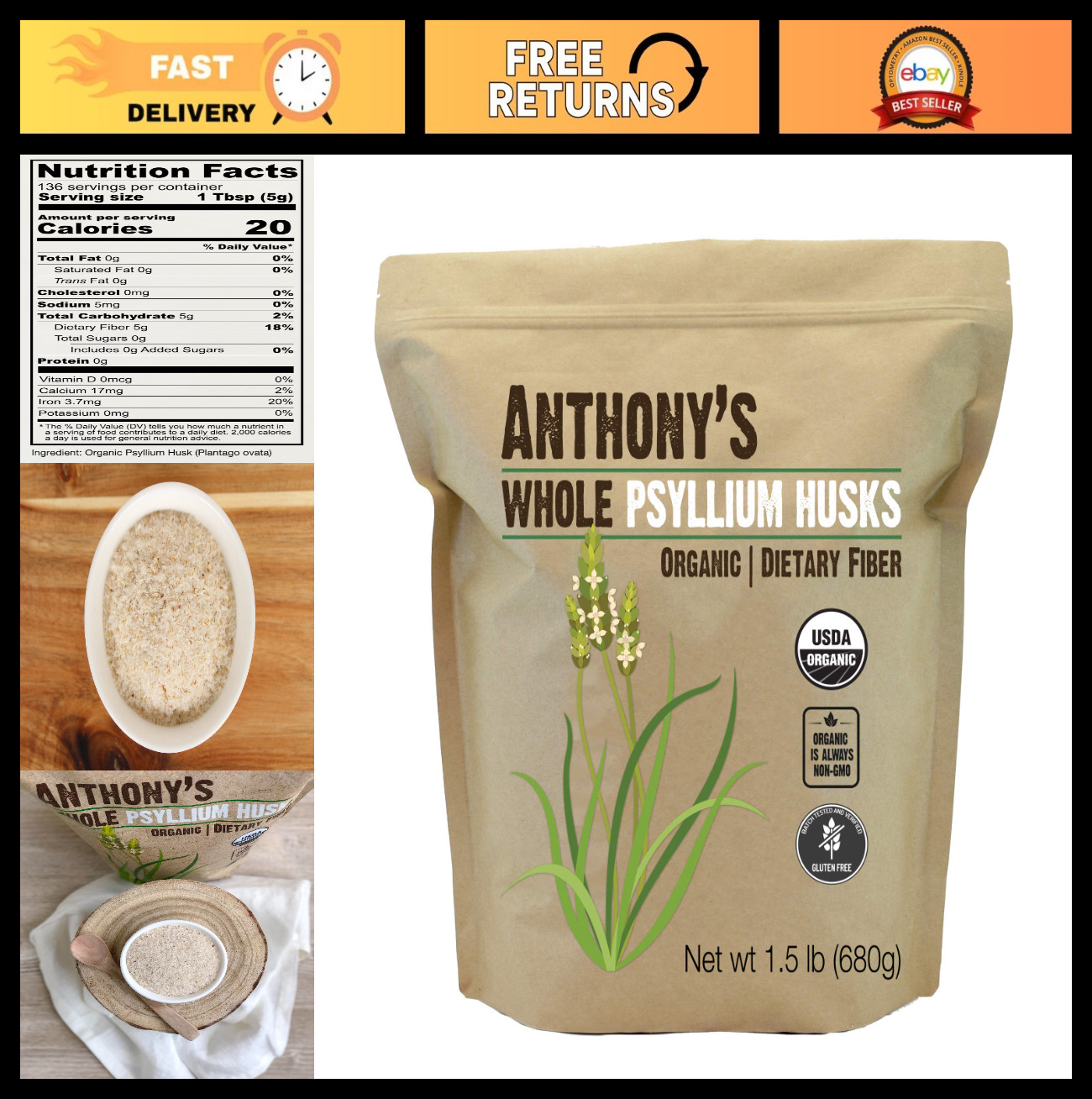 Organic Whole Psyllium Husks 1.5 lb – Dietary Fiber, Gluten-Free, Non-GMO, Keto