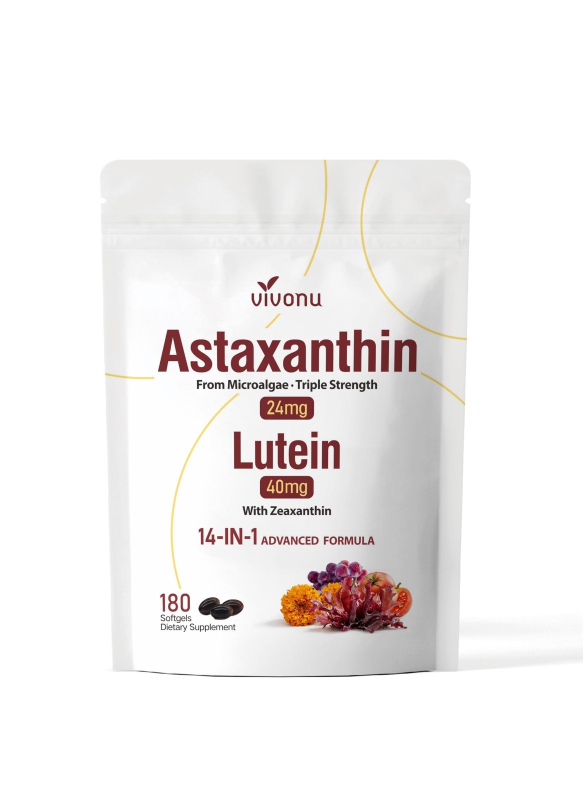 14-in-1 Astaxanthin 24mg & Lutein 40mg Supplements, 180 Softgels, Eye & Skin Sup