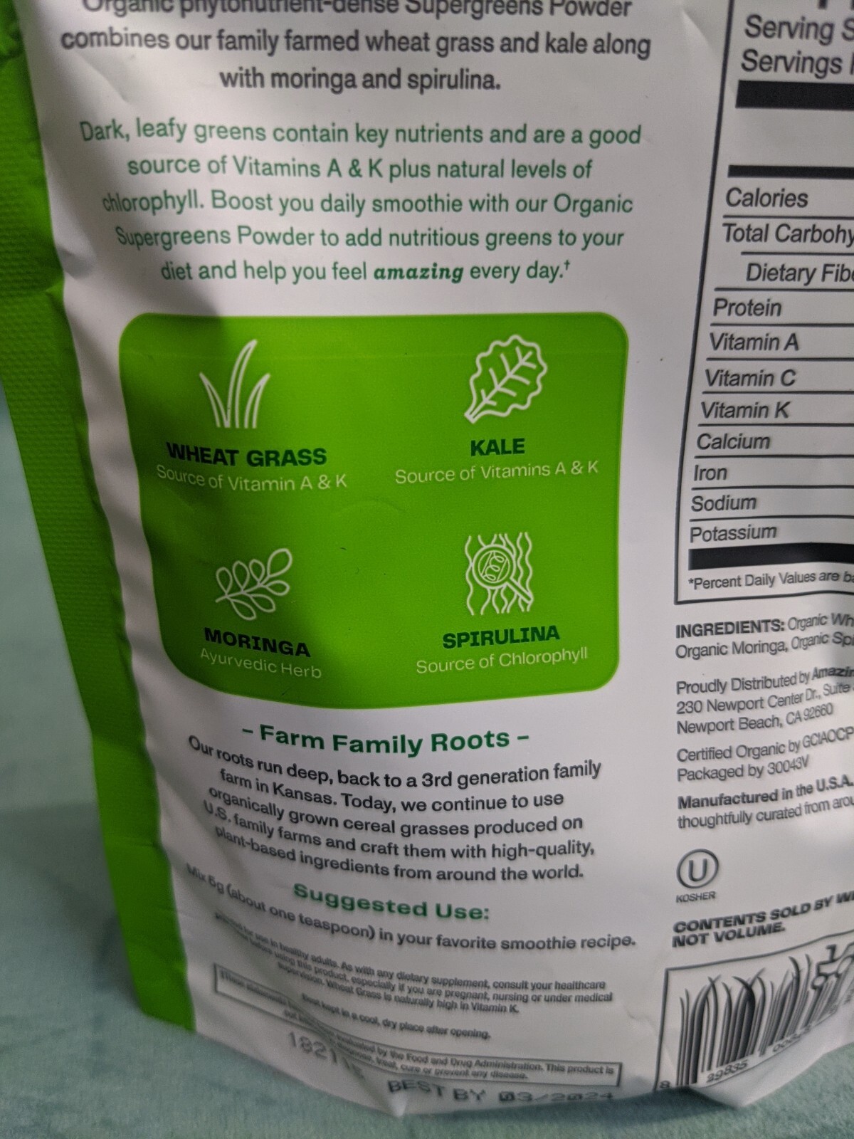 Amazing Grass Organic Supergreens Powder WheatGrass, Kale, Moringa 5.29 oz