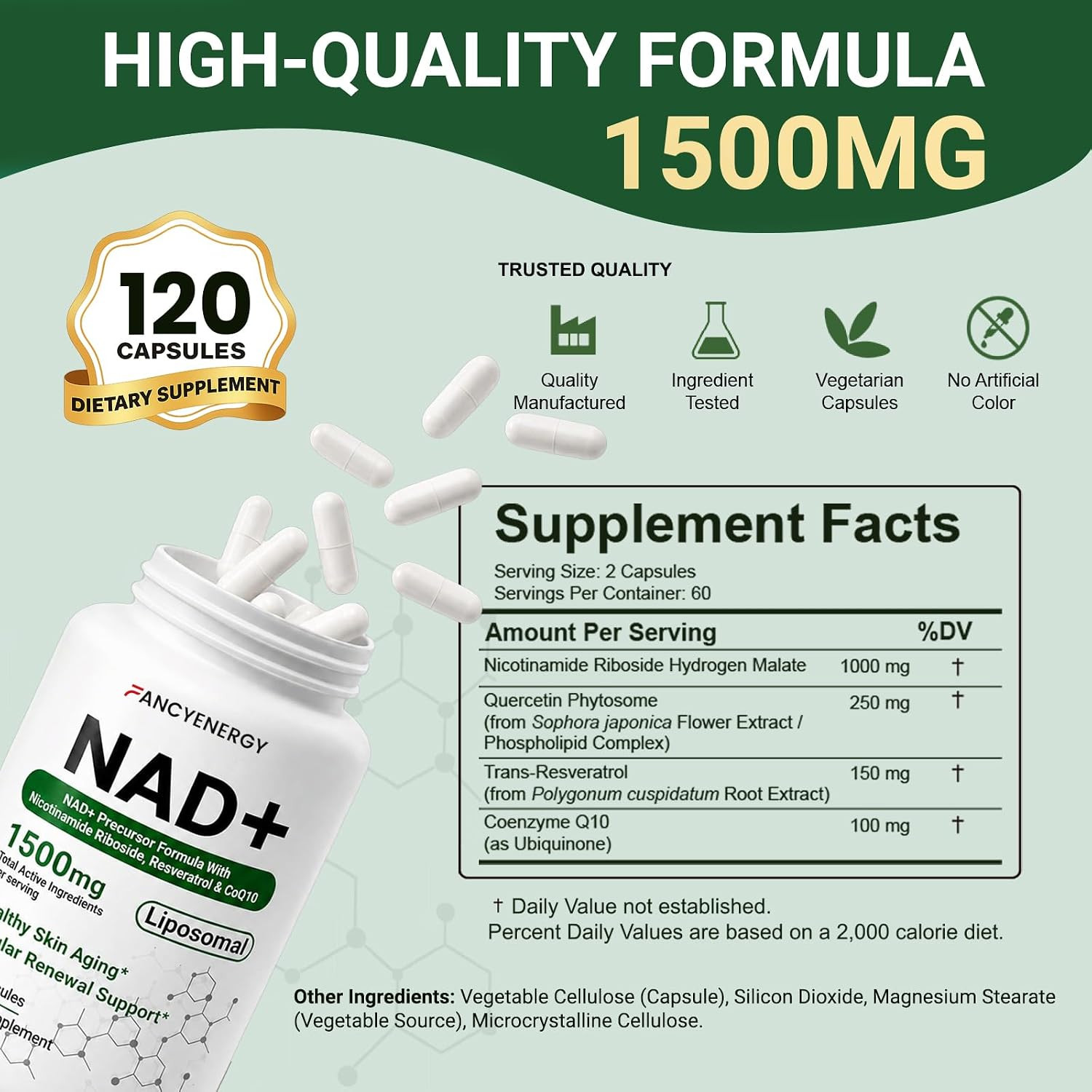 NAD+ Supplement, Liposomal NAD Nicotinamide Riboside Resveratrol 1500 Mg – Anti-