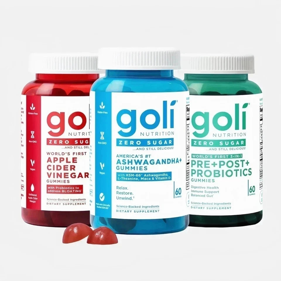 3 Bottles Goli Zero Sugar Best Seller Trio Set Gummies, 60 Counts Per Bottle US