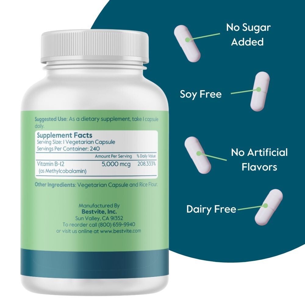 Bestvite Vitamin B12 (Methylcobalamin) 5000mcg (240 Vegetarian Capsules)