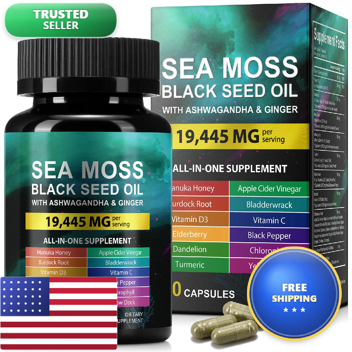 Huyehf Sea Moss Black Seed Oil Ashwagandha Ginger Sea Moss Capsule Supplement