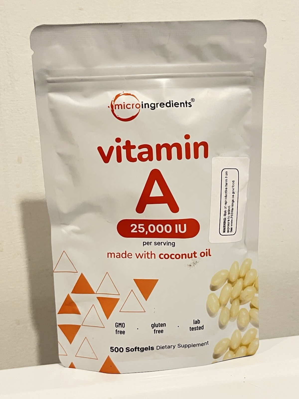 Micro Ingredients Vitamin A, 25000 IU with Coconut Oil, 500 Softgels Exp 12/2027