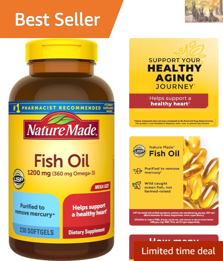 Purified Omega-3 Fish Oil 1200 mg Softgels – 230 Count for Optimal Heart Support