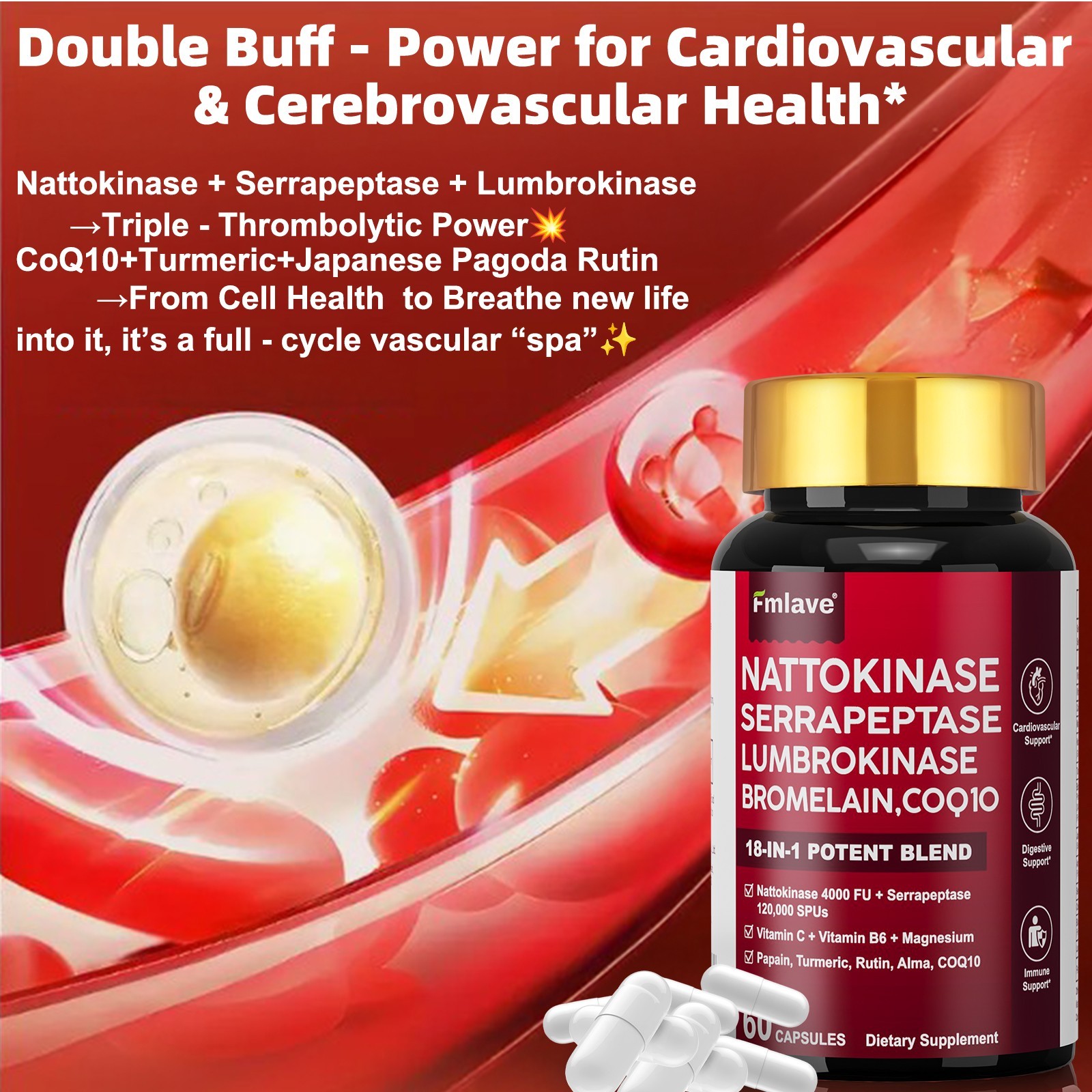 Nattokinase Supplement 4000FU Bromelain, Blood Flow, Heart Cardiovascular Health