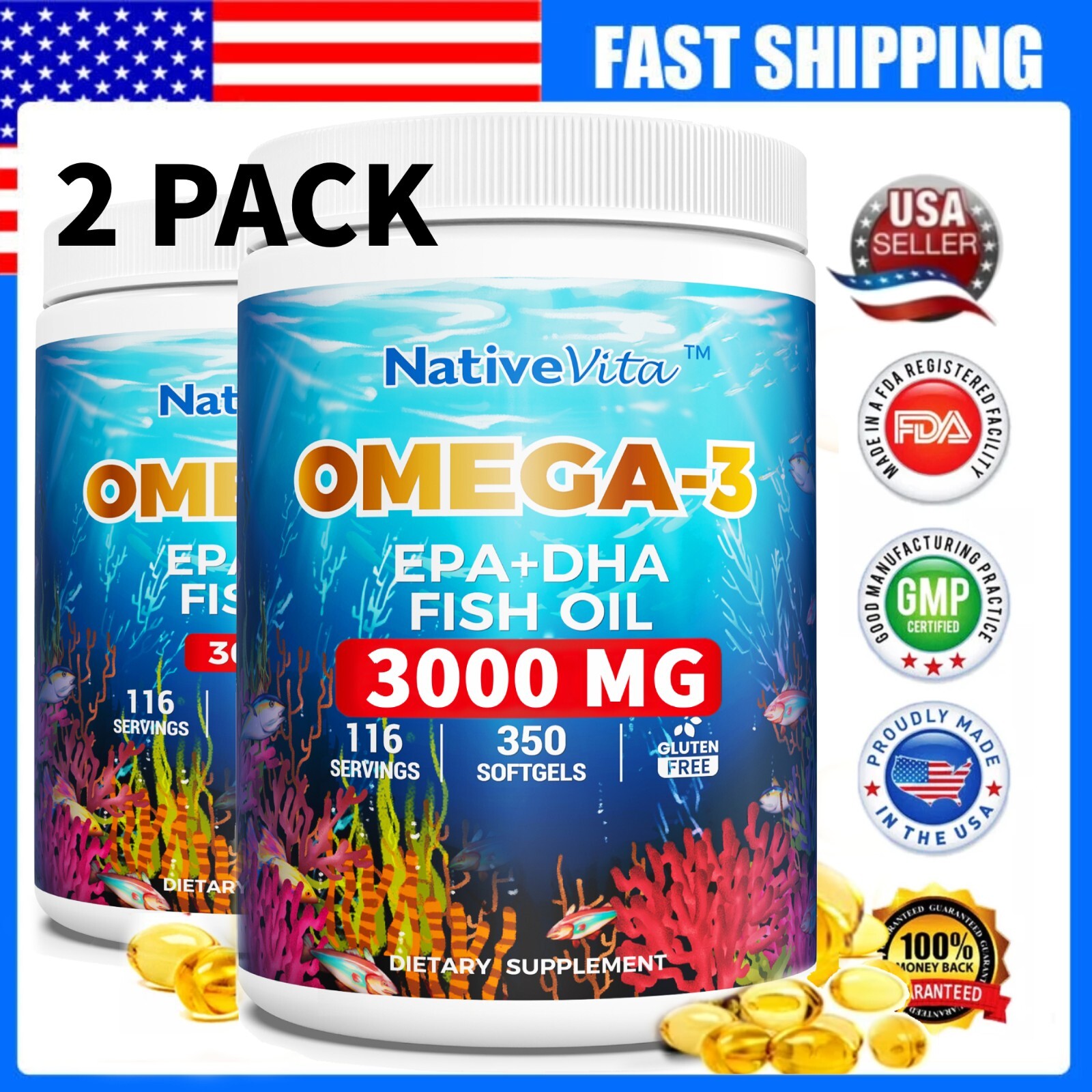 2 Pack Omega 3 Fish Oil Supplement 3000mg , EPA & DHA Supplement,700 Softgels