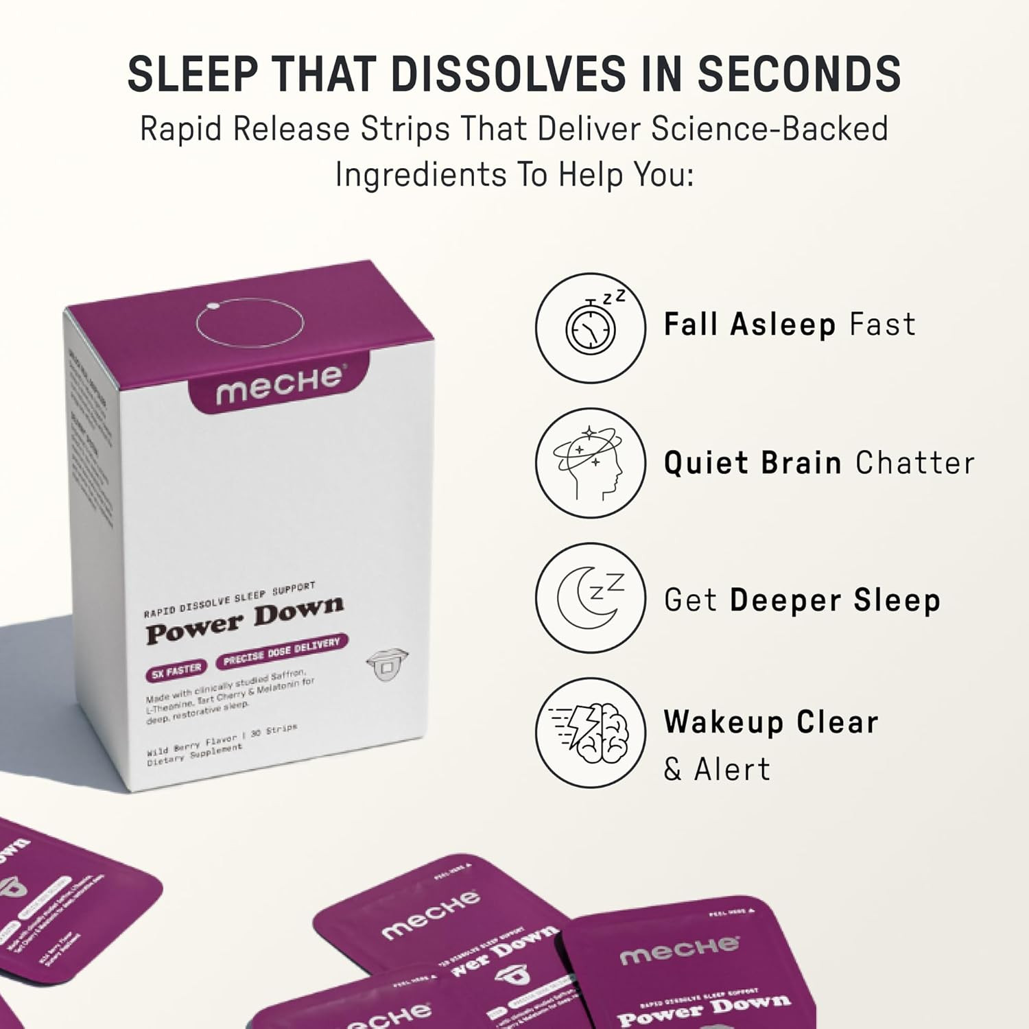 Meche Power Down™ Rapid Dissolve Strips for Sleep – 5Mg Melatonin, L-Theanine, T