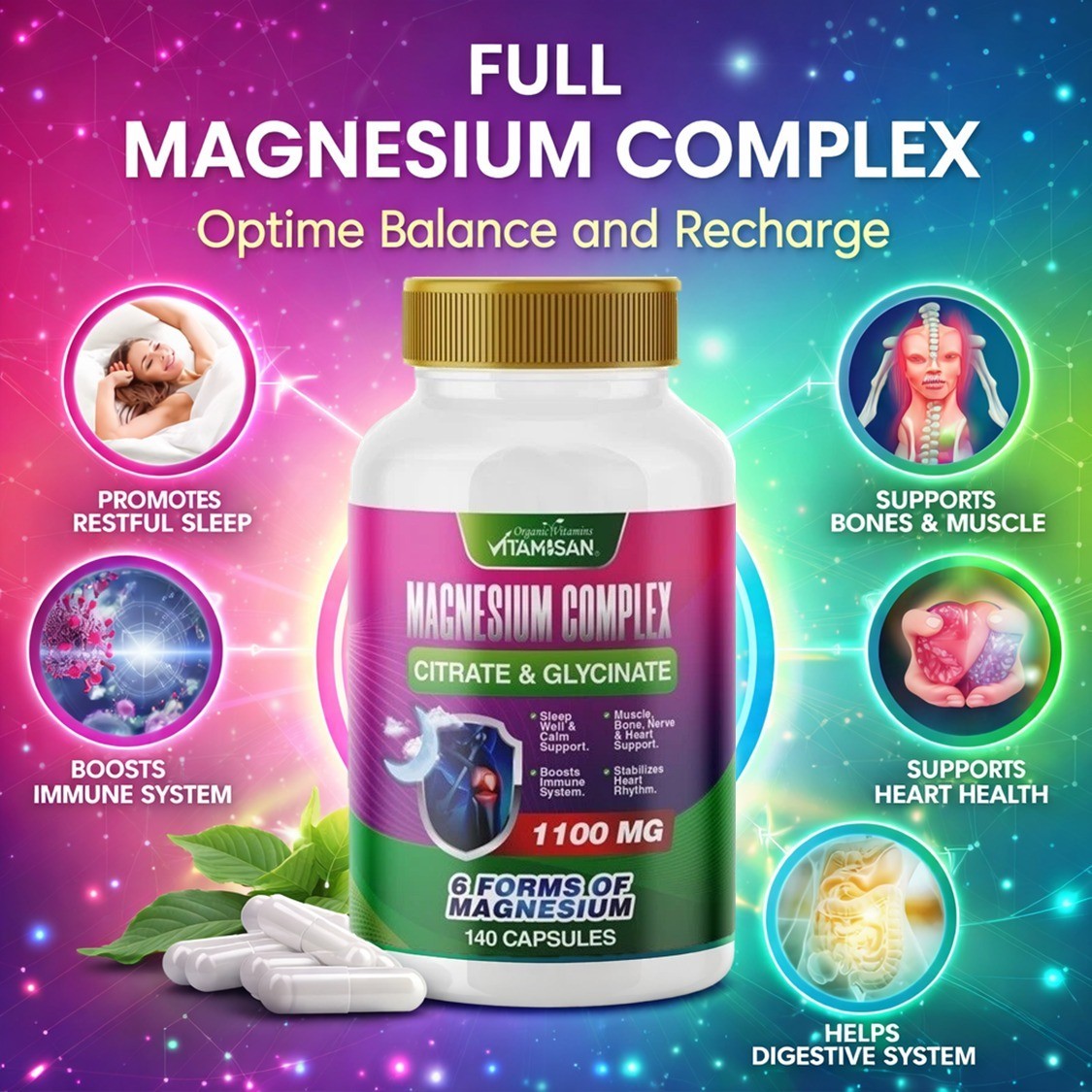 Magnesium 6-in-1 Complex 1100mg, 6 Active Forms for Muscle & Relaxation Body 140