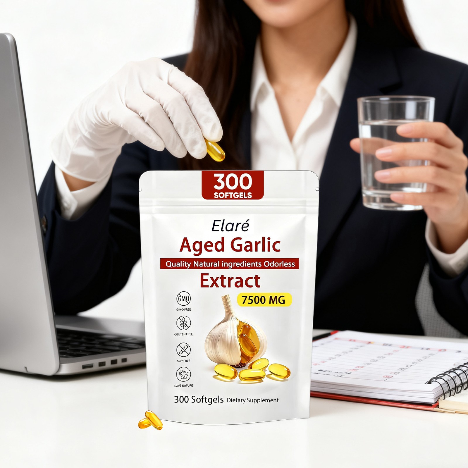 1 PACK Elare Aged Garlic Extract, 300 Softgels, 7500mg Odorless | Heart & Immune