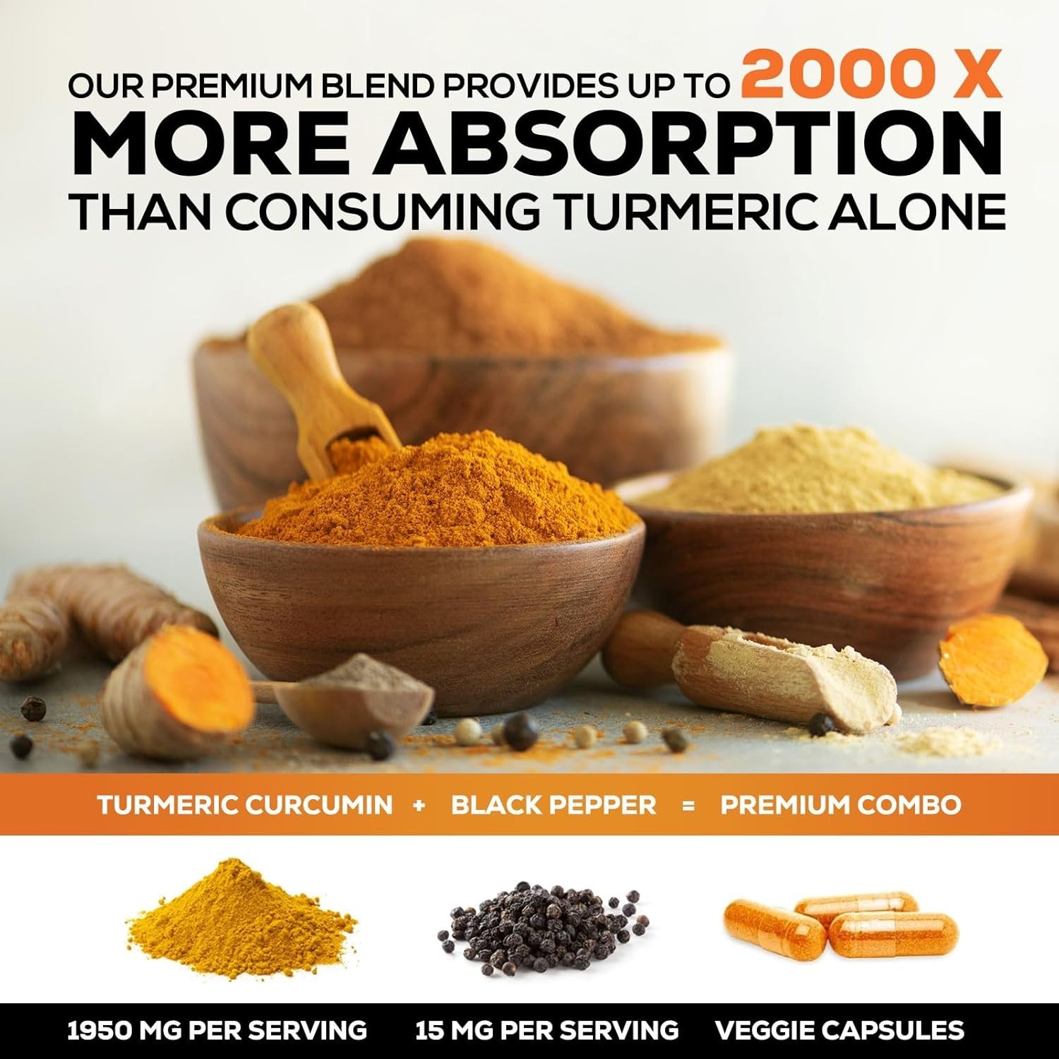 Turmeric Curcumin Highest Potency 95% 1950mg with BioPerine Black Pepper Extract