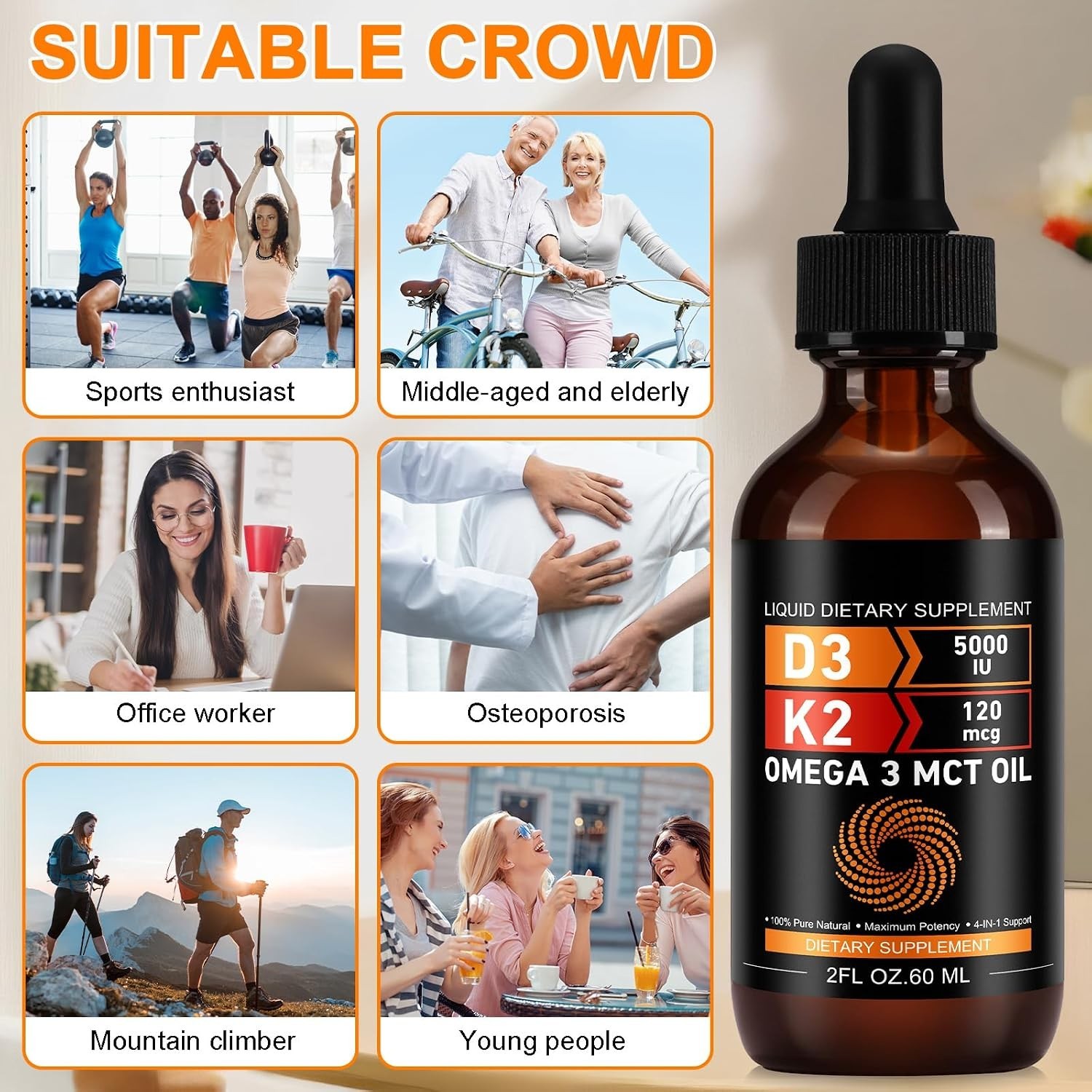 Daiasns Vitamin D3 5000 IU & K2 (MK-7) 120 mcg 60ml Drops with MCT Oil Omega 3,