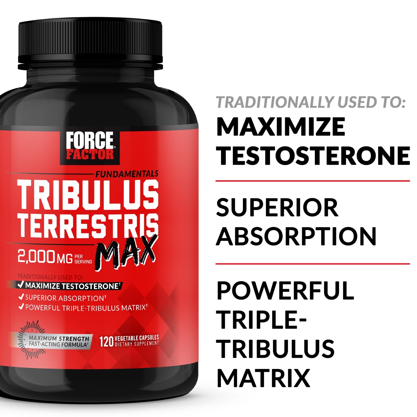 Force Factor Tribulus Terrestris Max 2000mg 90% Saponins Testosterone Booster
