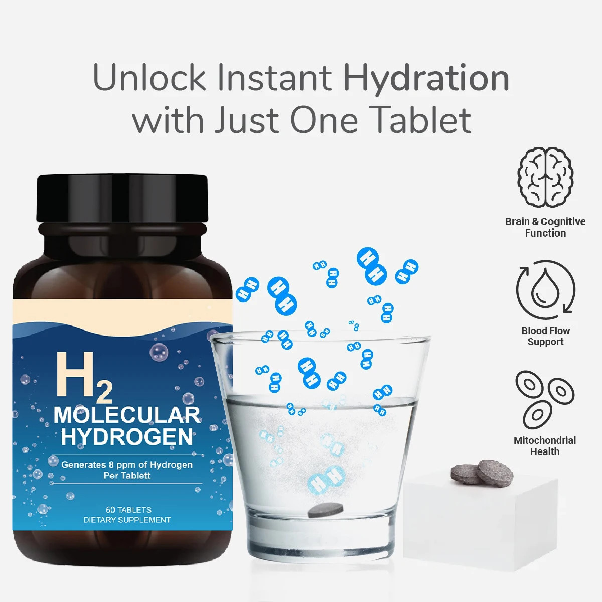H2 Hydrogen Tablets with Magnesium – 8 PPM Hydrogen Tablets for Drinking Water –