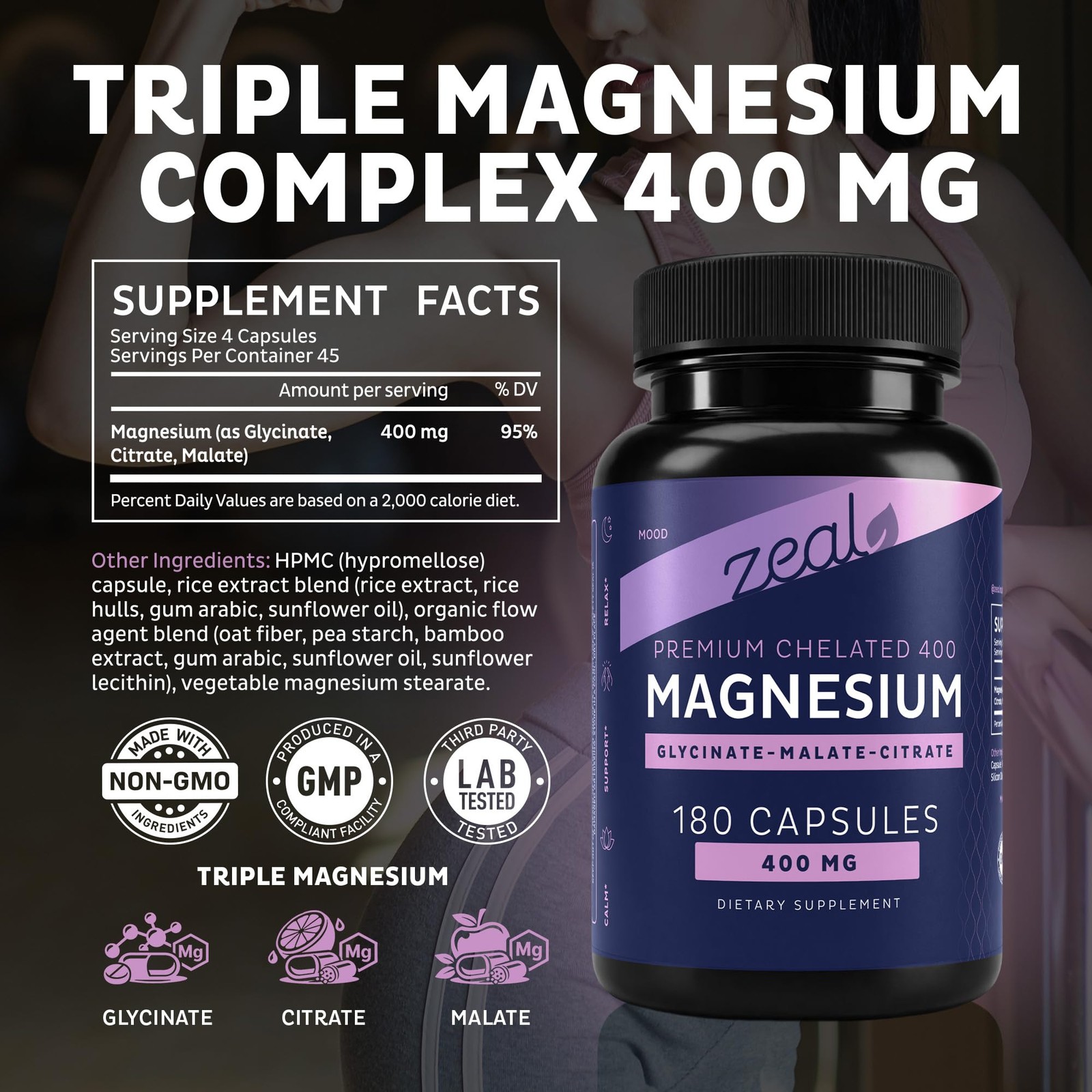Zeal Naturals Triple Magnesium 180 Count (Pack of 1), Capsule (180 Count)
