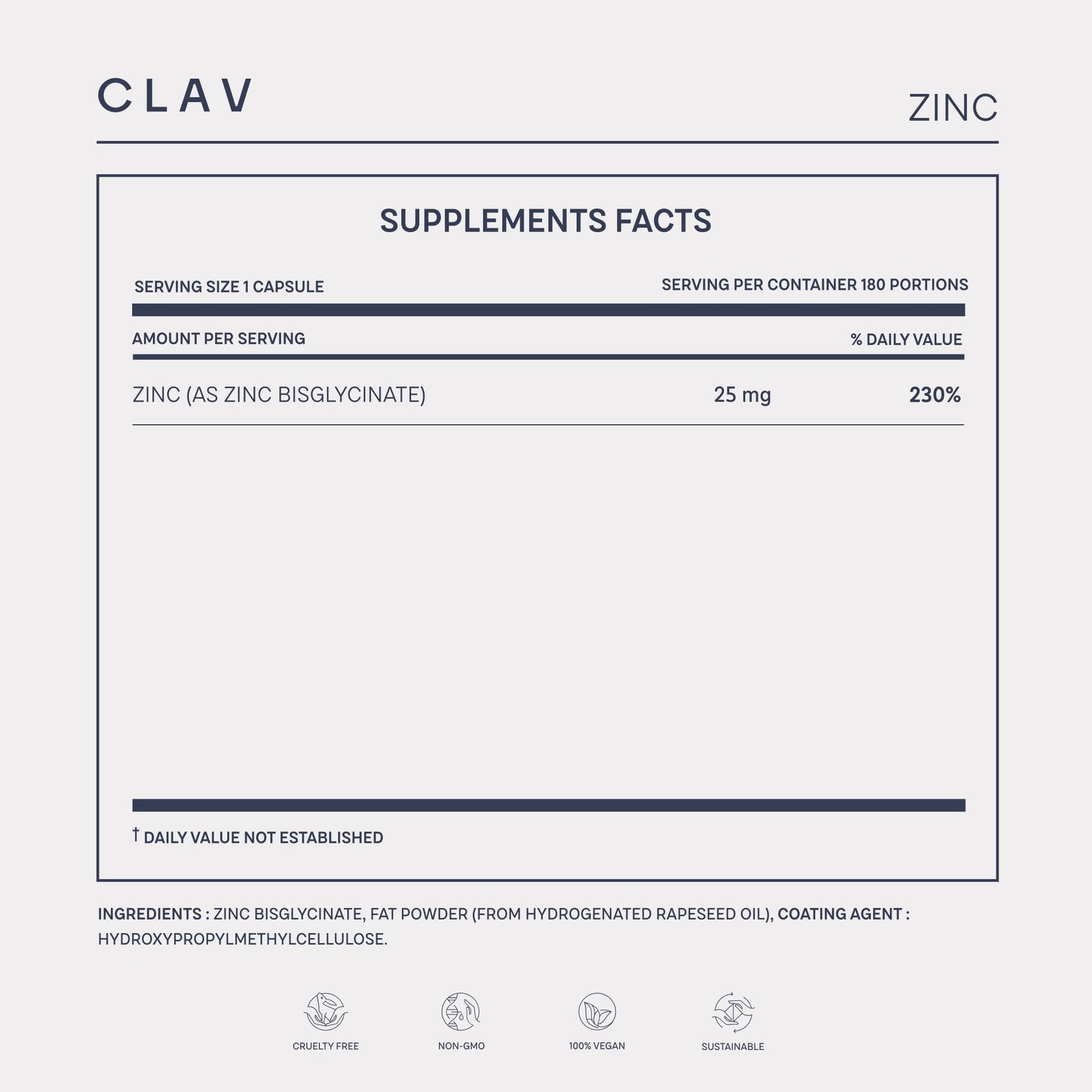CLAV Zinc 25mg, High Strength, Vegan Certified, 180 Tablets