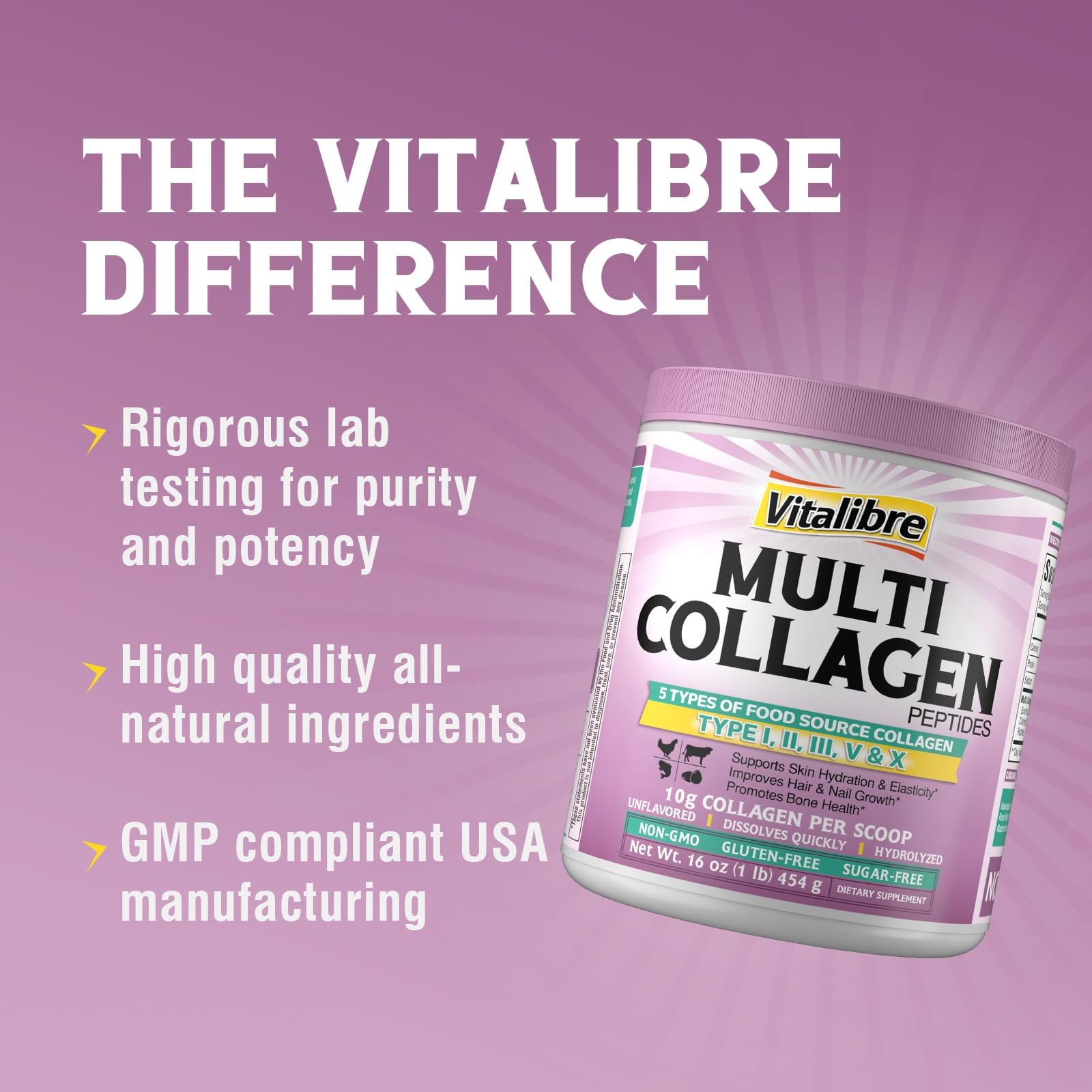 Vitalibre Multi Collagen Peptides Powder Type I II III V 1 Pound (Pack of 1)