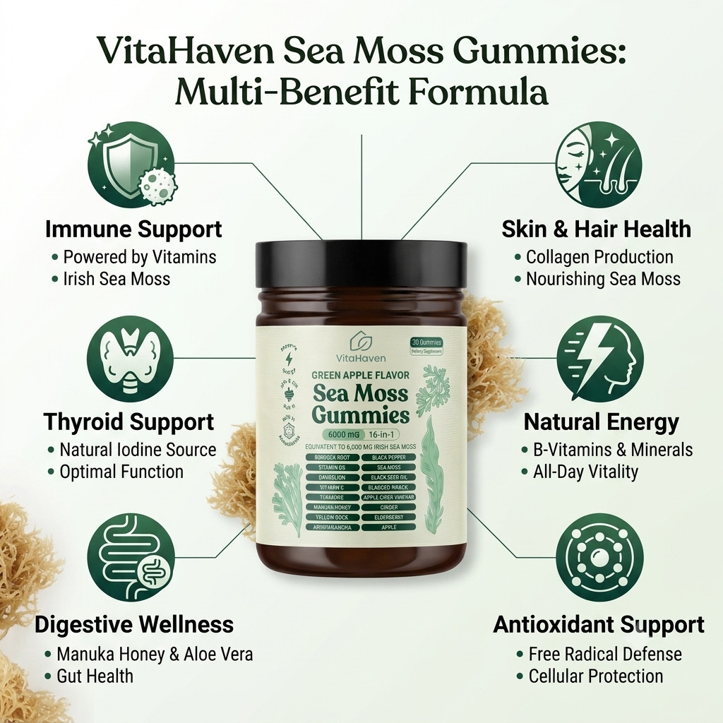 16 IN 1 Organic Sea Moss Gummy Irishmoss Extract 6000Mg | Green Apple Flavor US