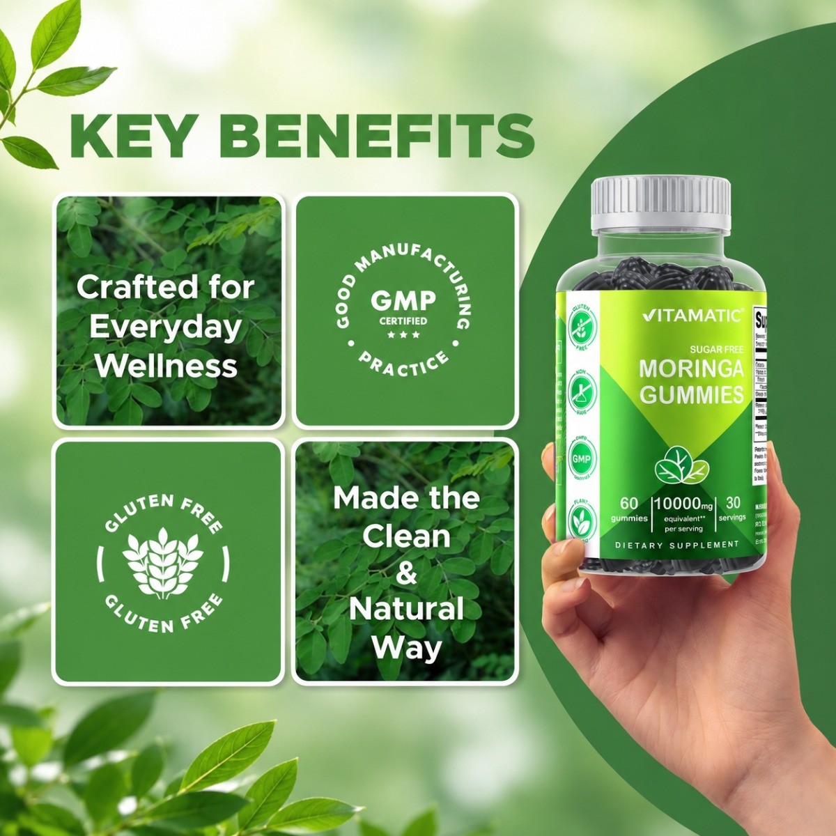 2Pk Vitamatic Sugar Free Moringa Gummies 10000mg Plant Based Superfood 120 Ct