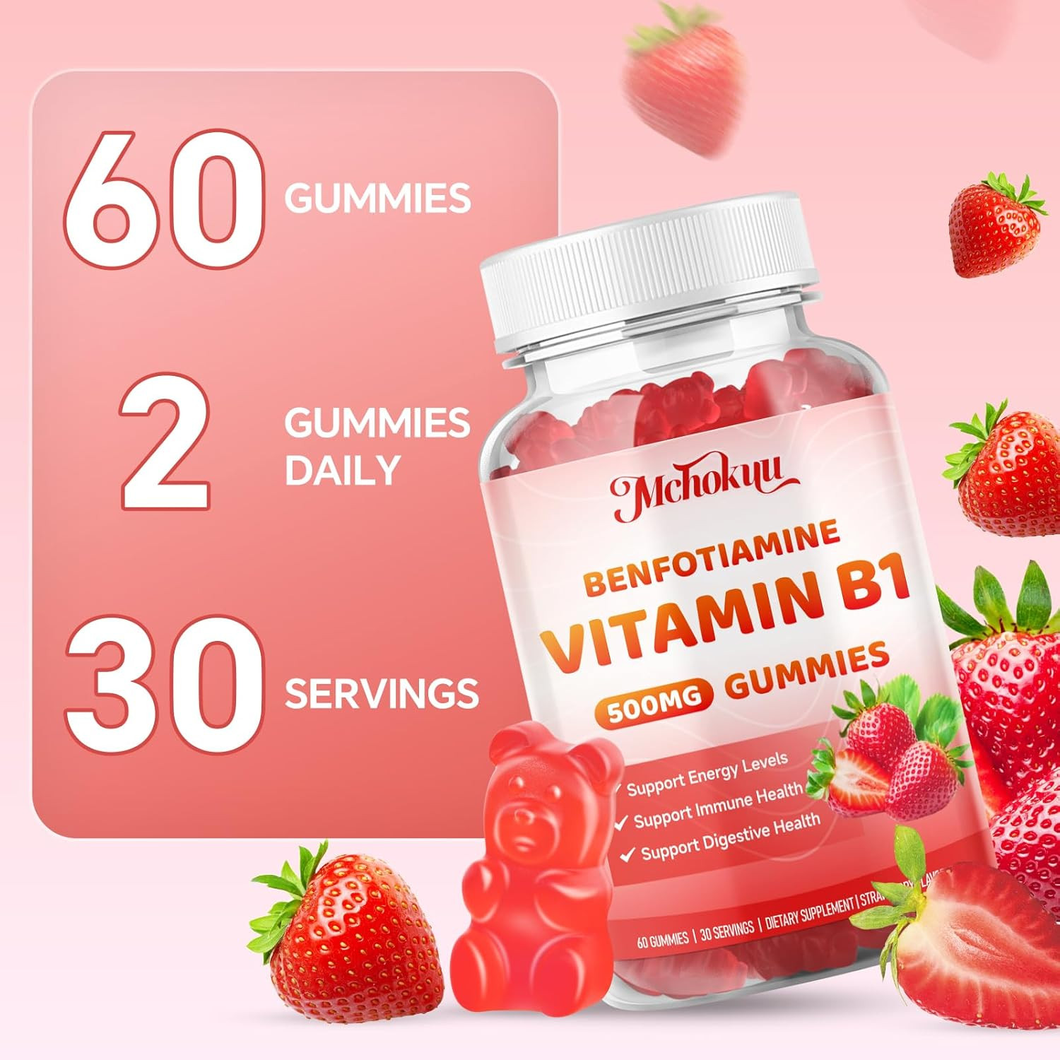 Vitamin B1 Gummies 500Mg with Benfotiamine | High Potency Thiamine Supplement fo