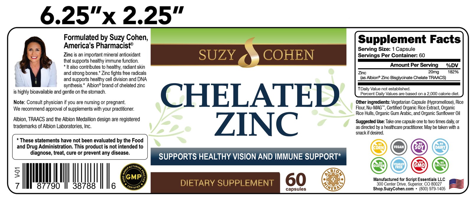 Chelated Zinc Supplements 60 Capsules Gentle Stomach Healthy Cell Growth