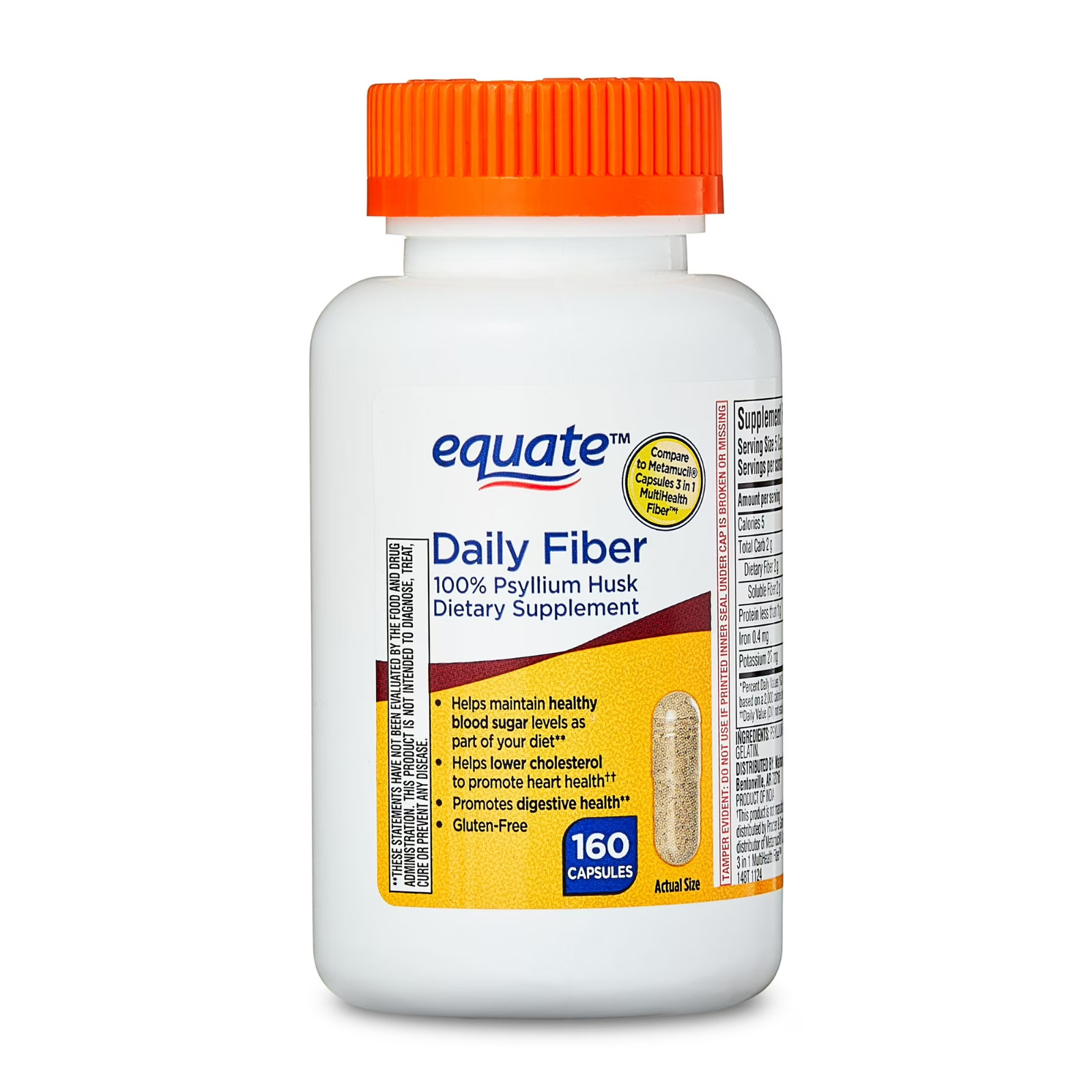 Equate 100% Psyllium Husk Daily Fiber Dietary Supplement, 160 Capsules