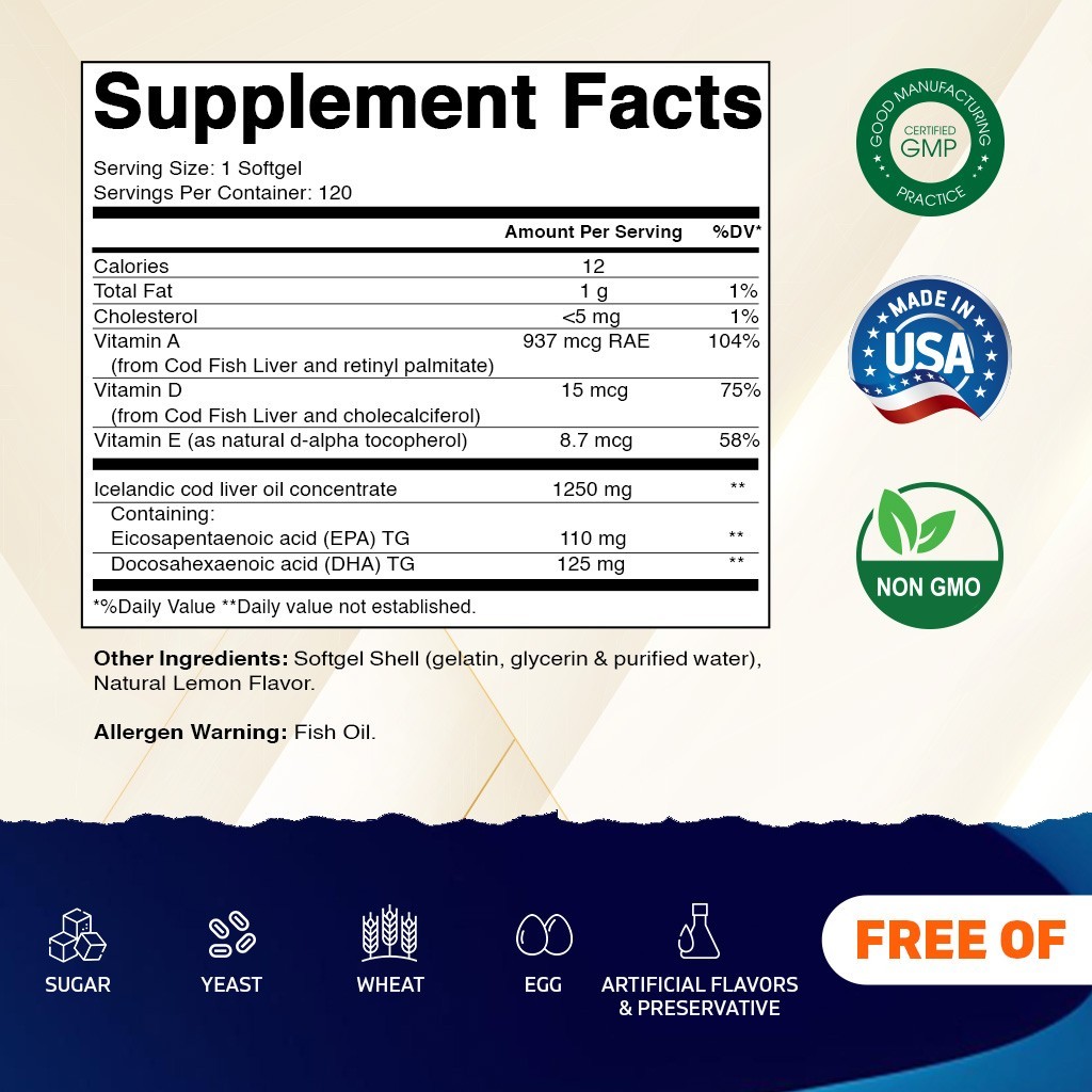 2 Pack – Vitamatic Norwegian Cod Liver Oil 1250mg 240 Softgels (Lemon Flavor)