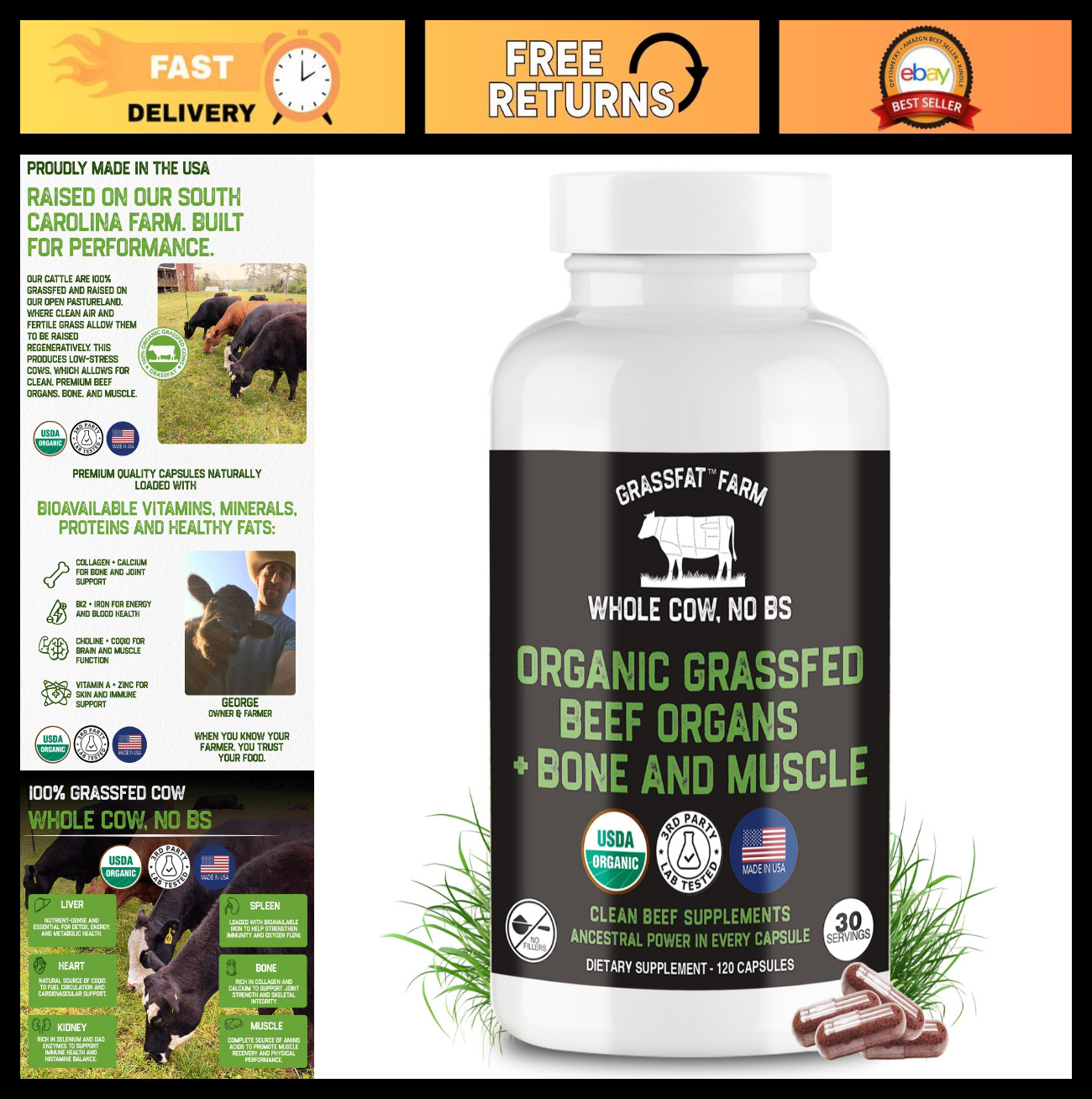 USDA Organic 100% Grassfed Beef Organ Supplements – Whole Cow, 30-Day Supply