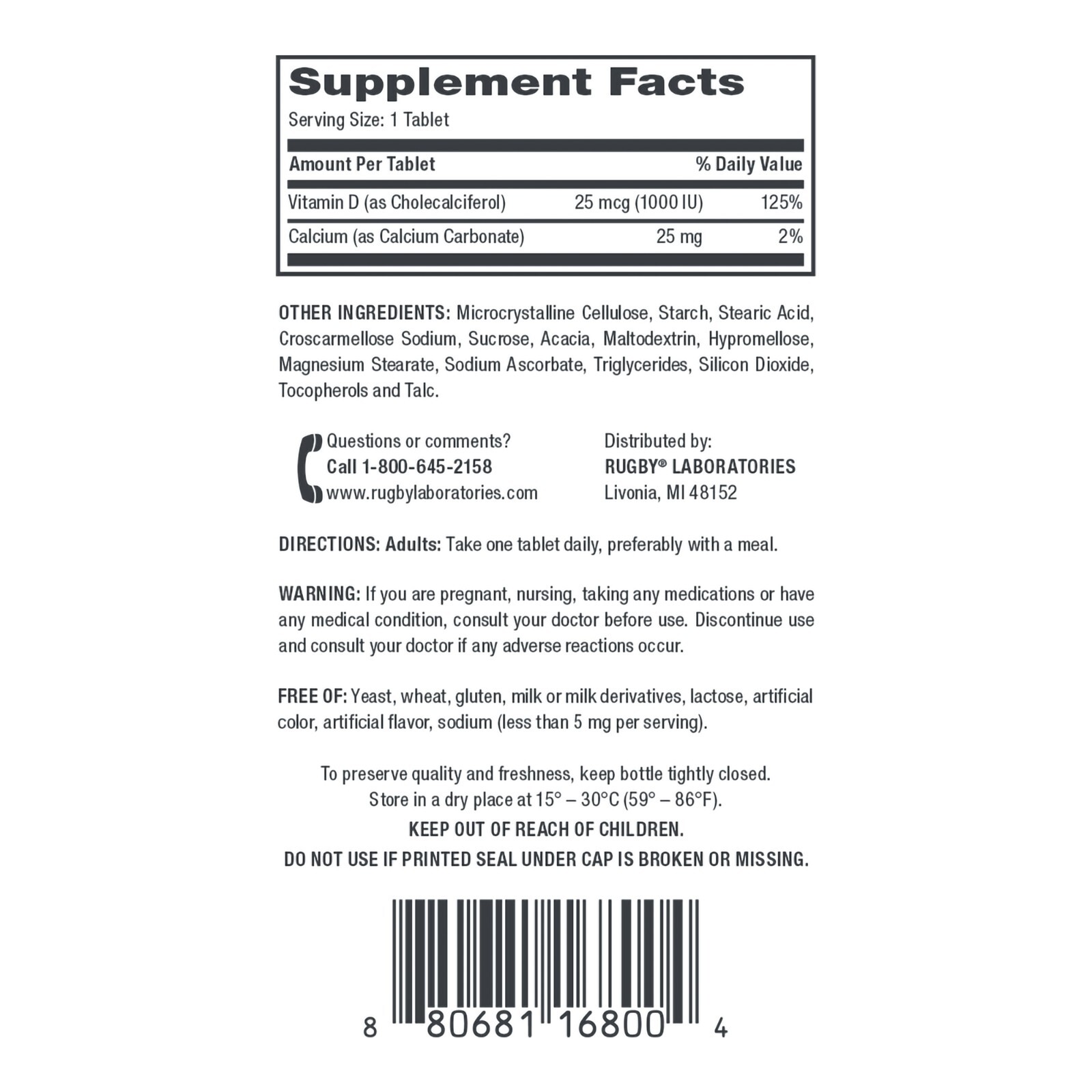 Rugby Vitamin D3 25 mcg (1000 IU), Tablet Dietary Supplement Gluten Free