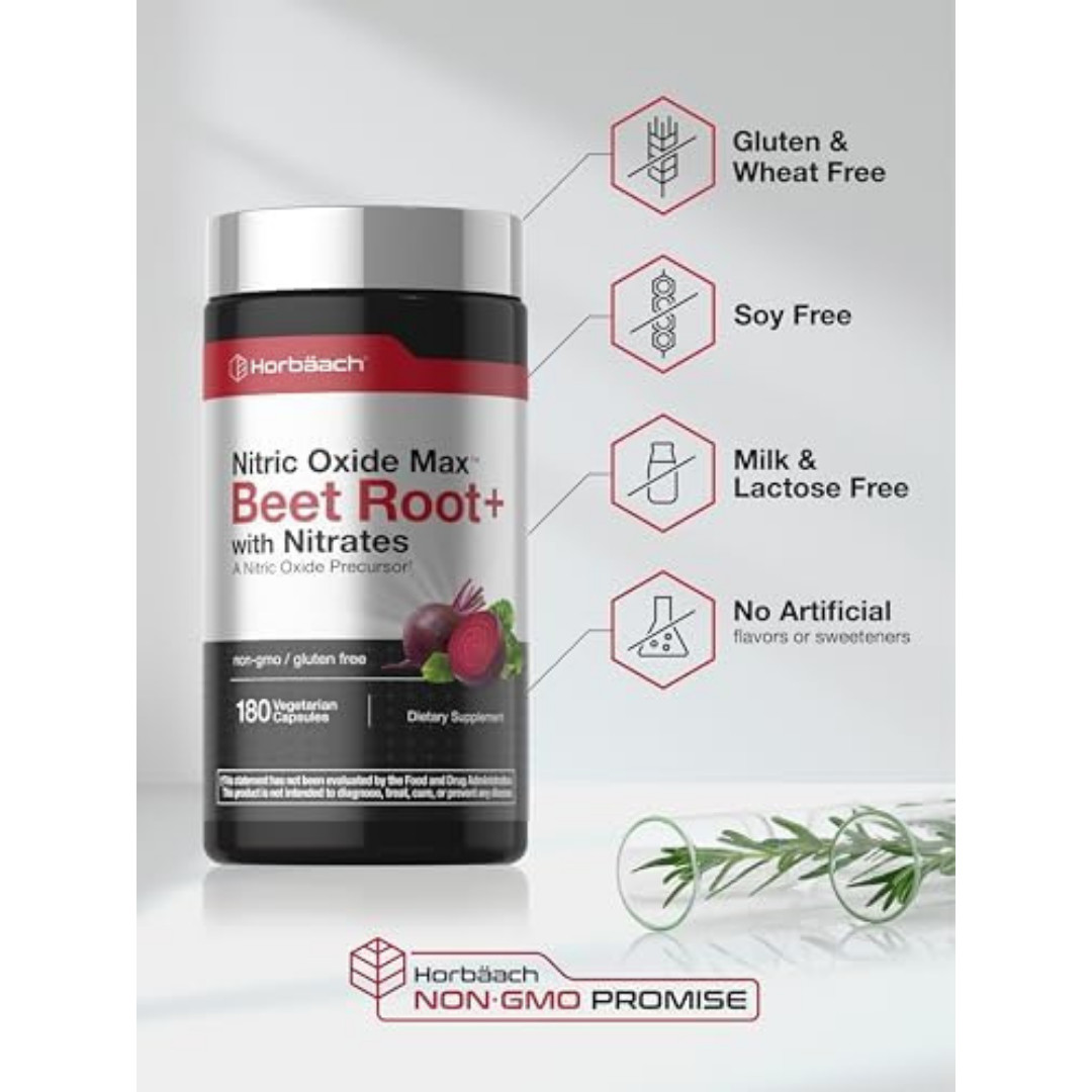 Nitric Oxide Beet Root Capsules | With Nitrates | 180 Count | by Horbaach