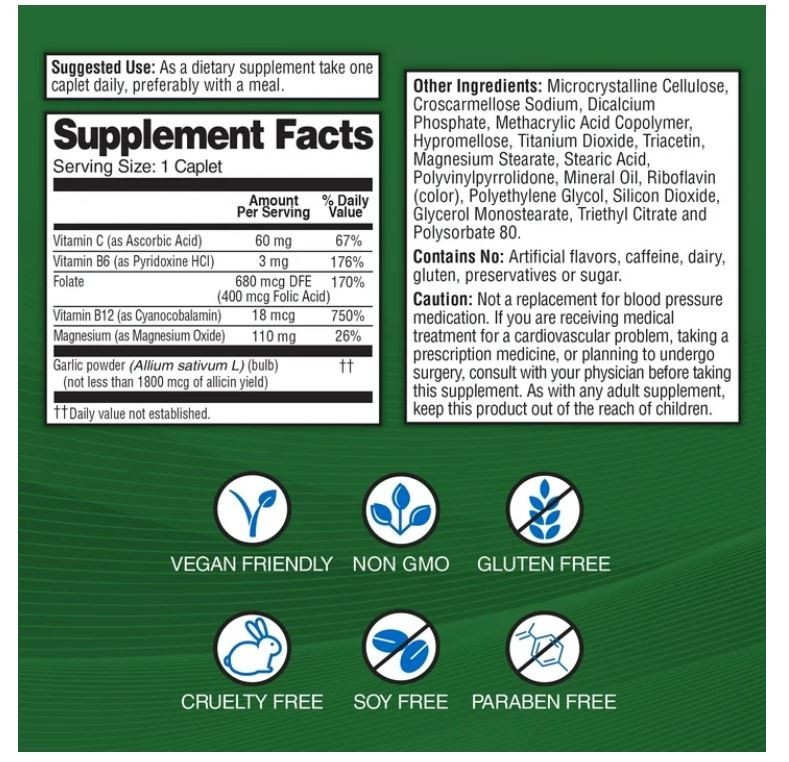 Garlique Healthy Blood Pressure Supplement 60 Caplets Odor Free Vegan Gluten