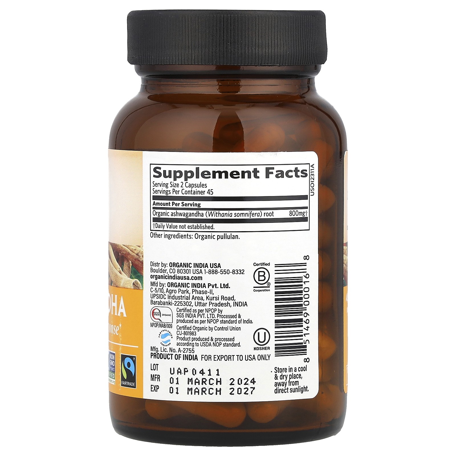 Organic India Organic Ashwagandha 90 Veg Caps B Corp, Gluten-Free, Halal,