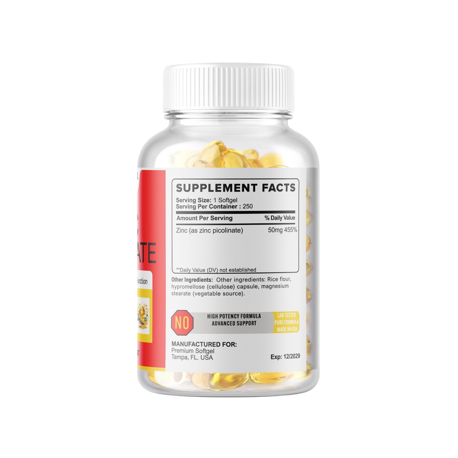 Zinc Picolinate 250 Softgels 50mg Normal Metabolism Overall Wellness Immune USA