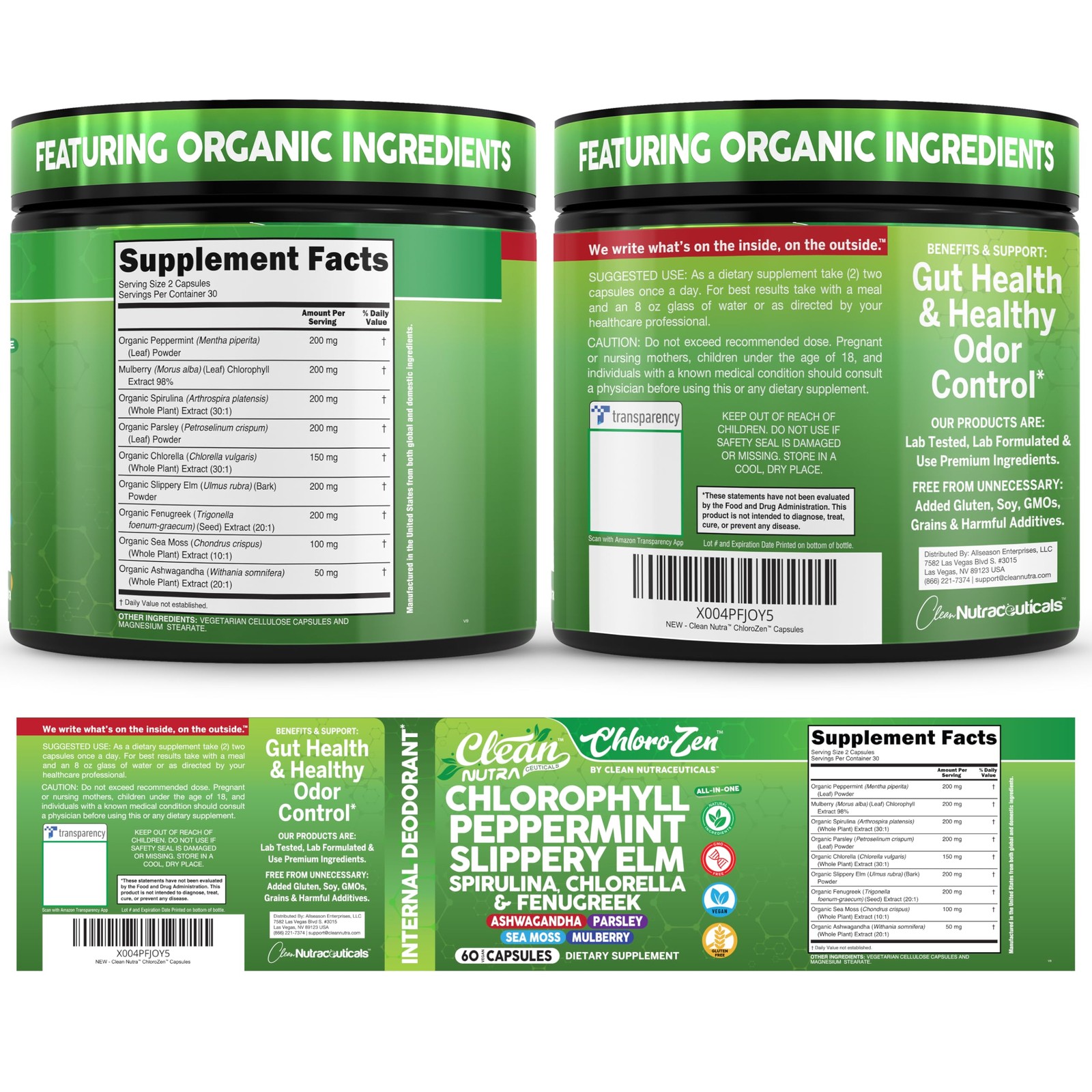 Clean Nutra ChloroZen Chlorophyll Peppermint + Spirulina 60 Caps Veg Exp 05/2028