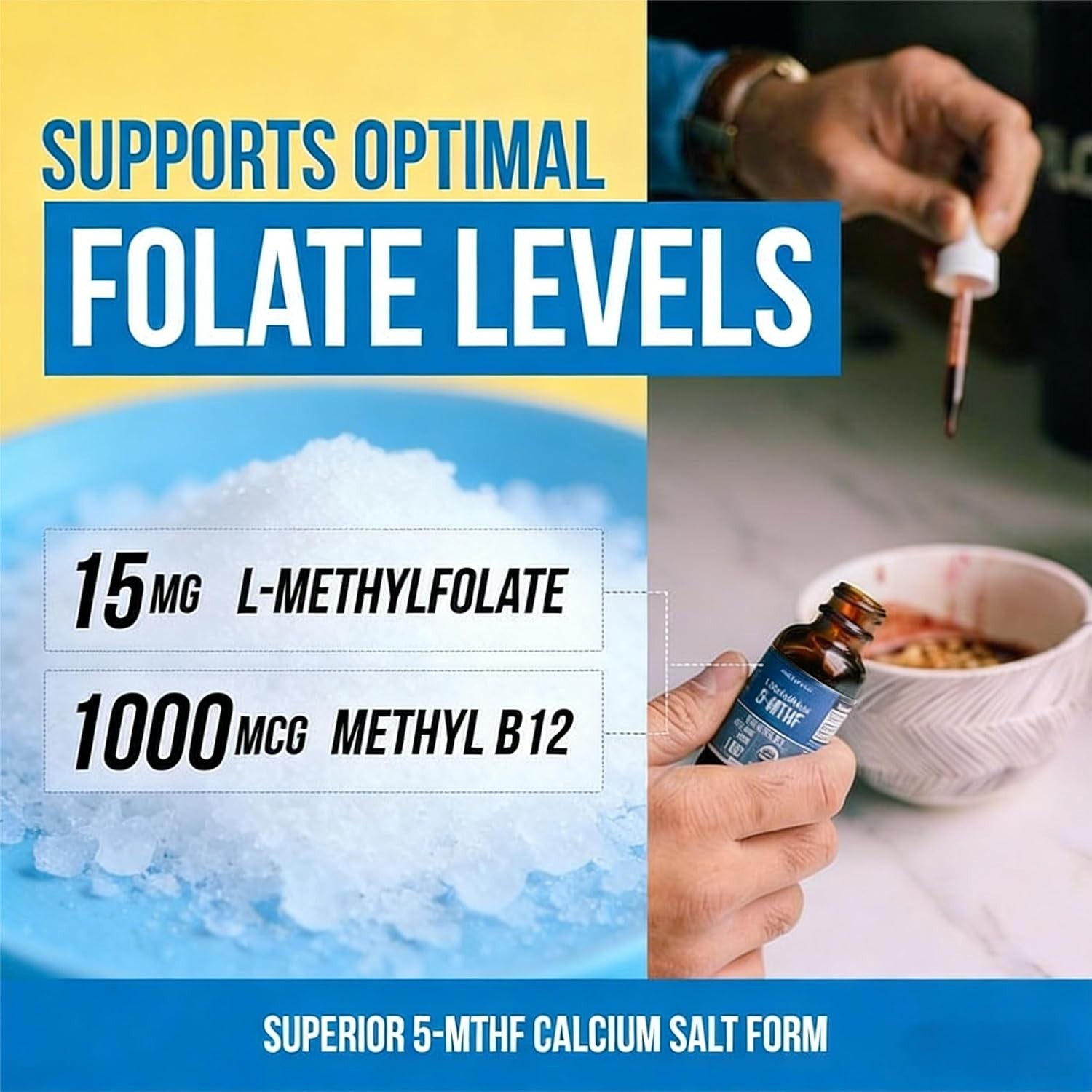 60 Servings Organic L-Methylfolate 15mg + B12 1000mcg Liquid Drops – Gluten Free