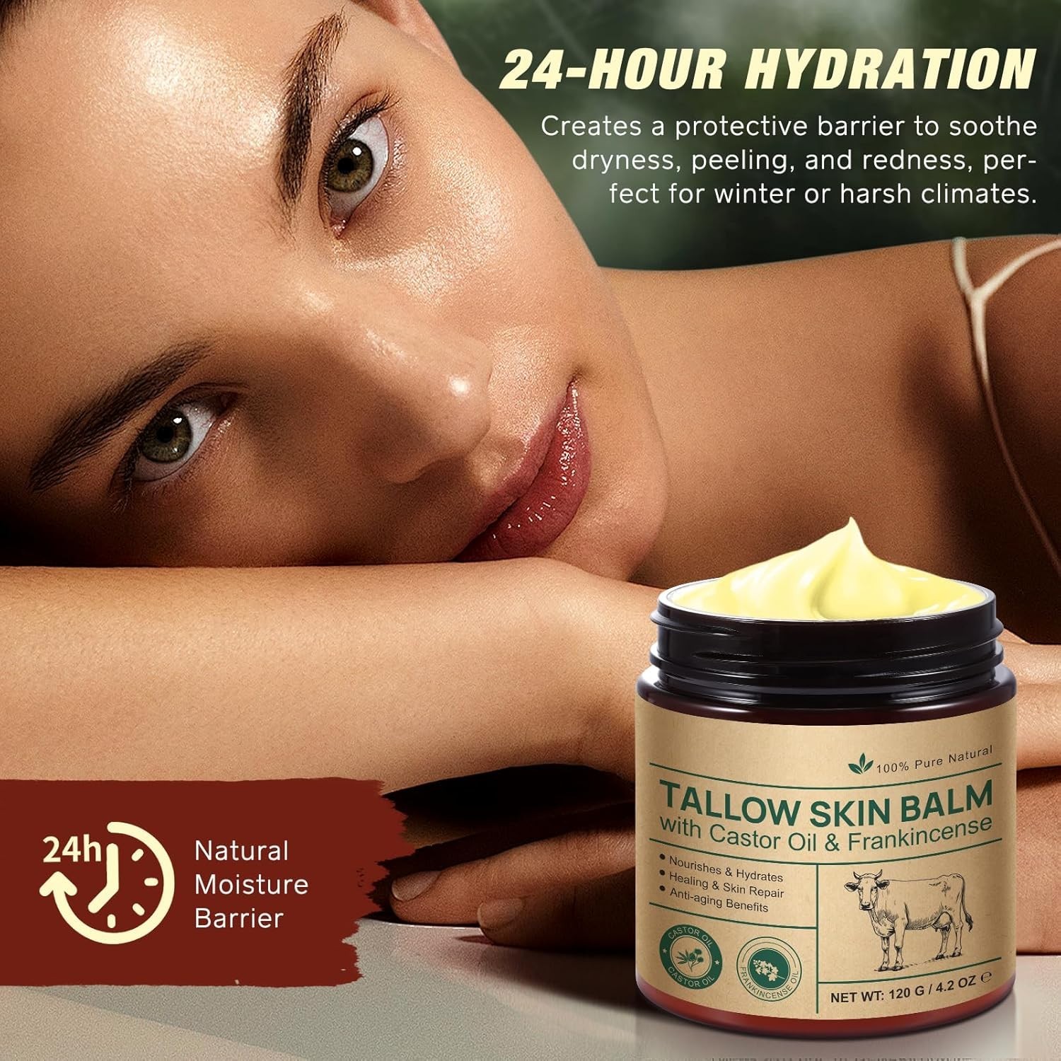 2 Pcak Beef Tallow Cream with Castor Oil and Frankincense, 100% Grass-Fed Tallow