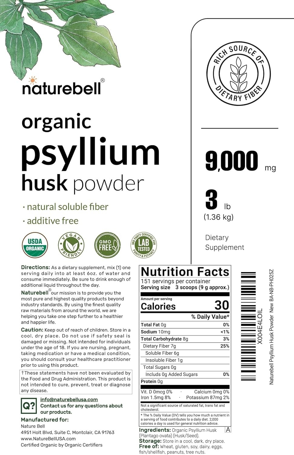 Organic Psyllium Husk Fiber Powder 9g per Serving 3lb for Digestive Gut Health