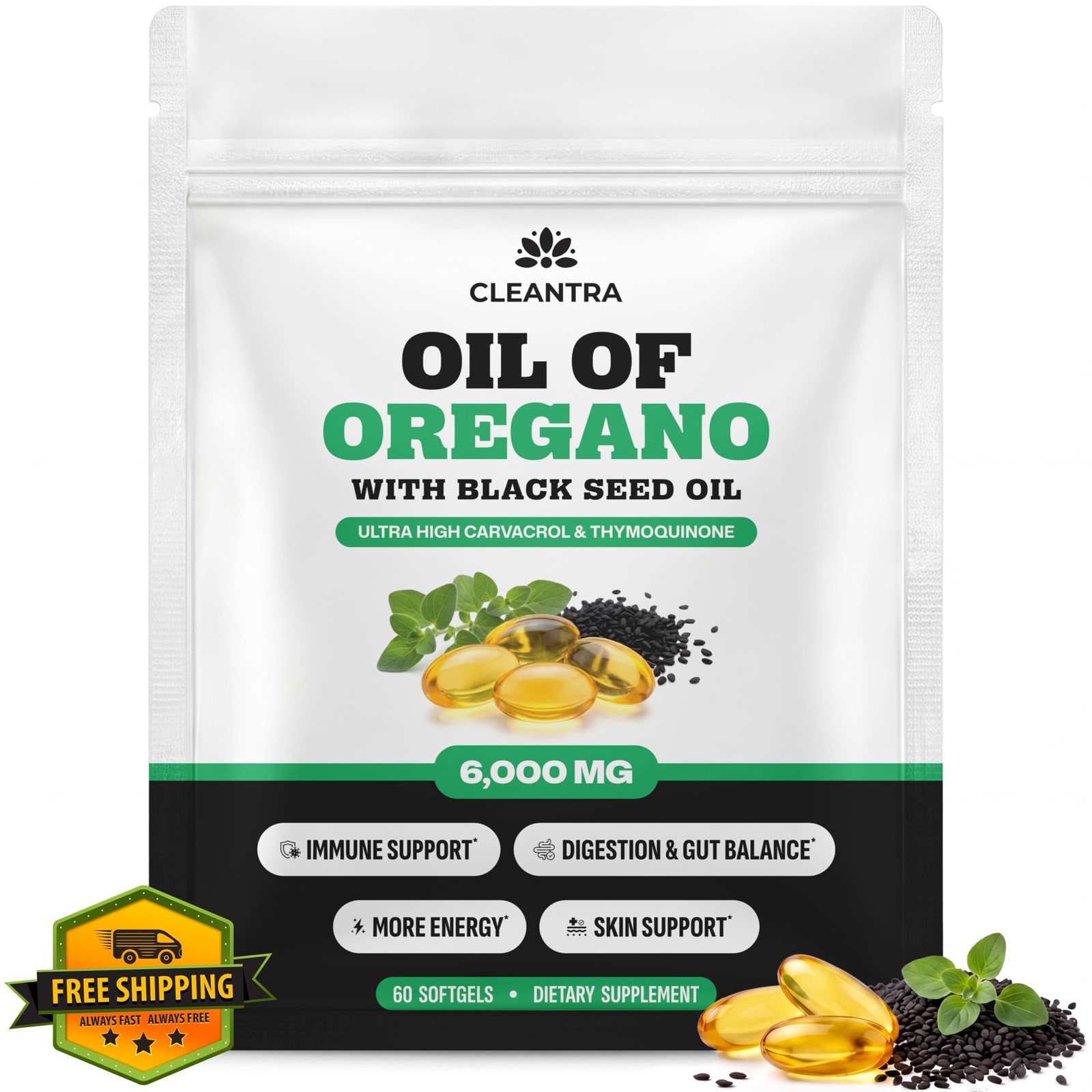 Cleantra Oil Oregano Black Seed Softgels 6000mg