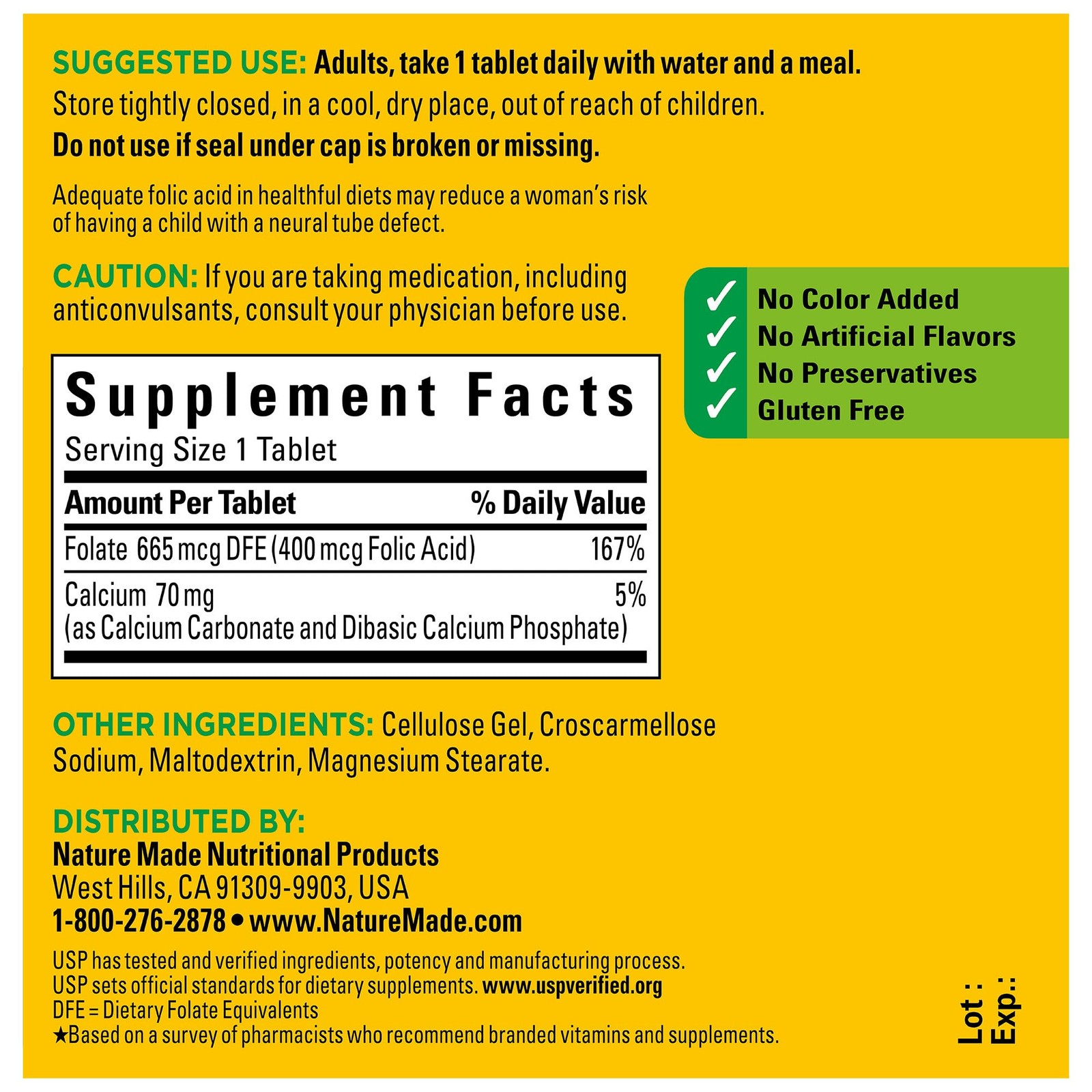 Nature Made Folic Acid 400mcg (665 mcg DFE), 250 Count (Pack of 1), White