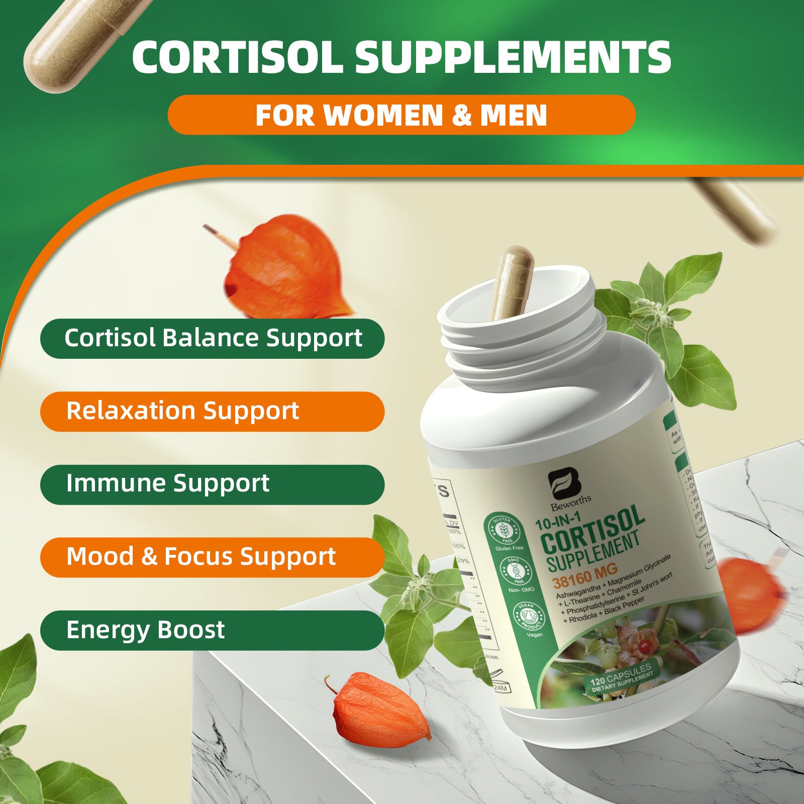 Super Cortisol Supplement Magnesium Ashwagandha L-theanine,Relieve Stress 120PCS