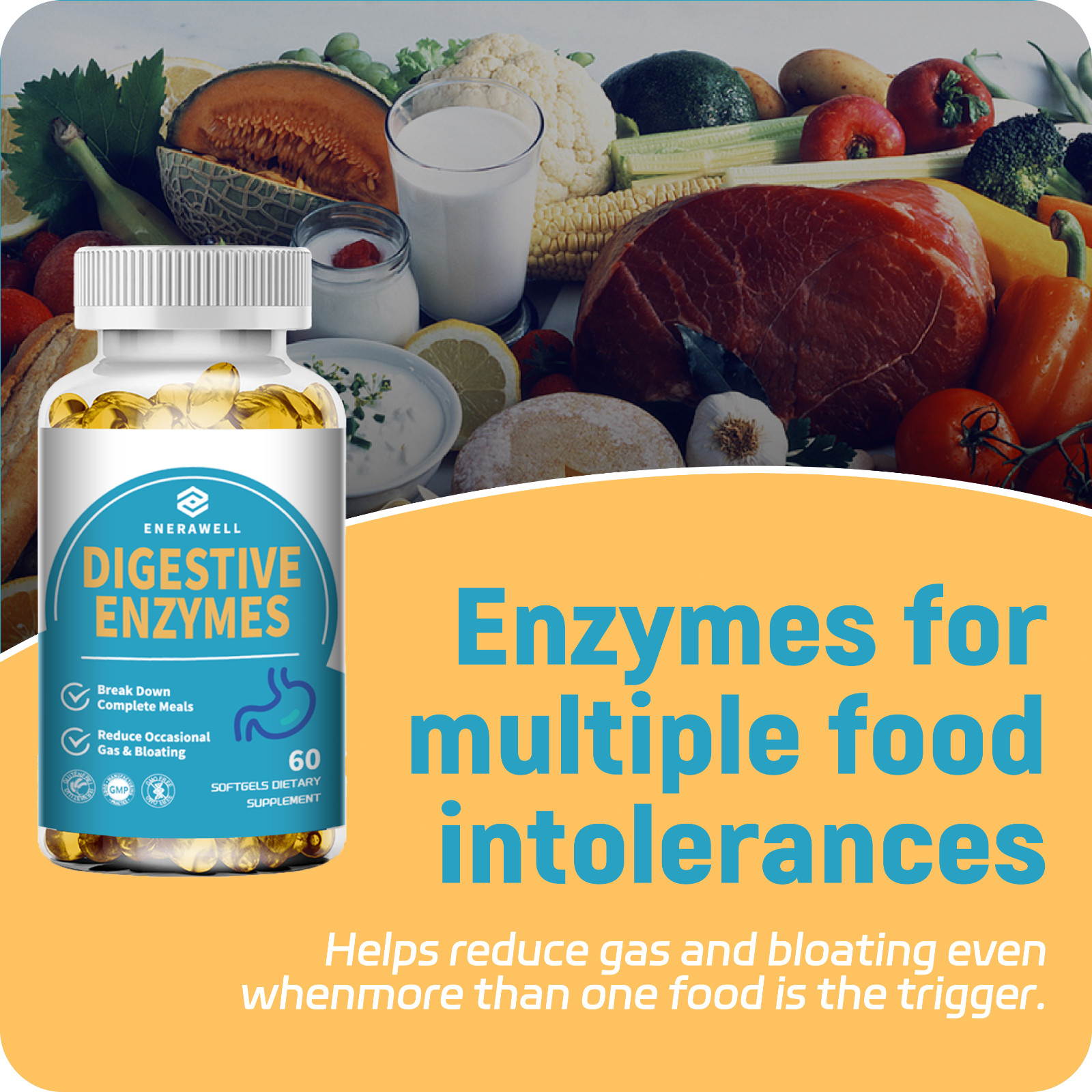 Digestive Enzymes w/ Prebiotic & Probiotics, Gas, Constipation & Bloating Relief