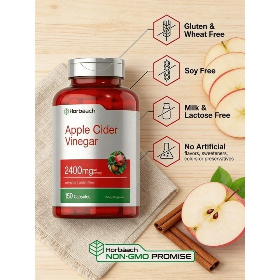 Non-GMO Horbäach Apple Cider Vinegar 2400mg Supplement 150 Capsules Gluten NEW
