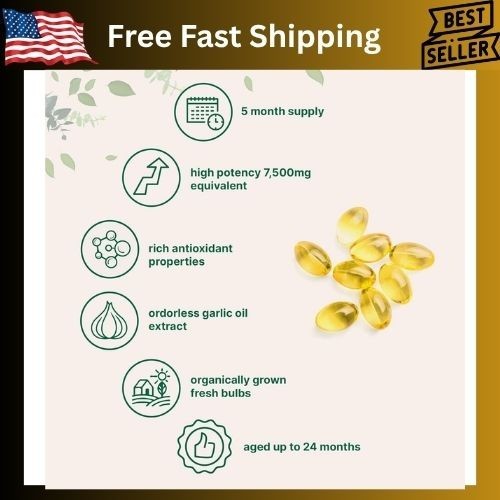 Odorless Garlic 7500mg Per Servings, 300 Softgels | 2 Years Aged Garlic Extra…