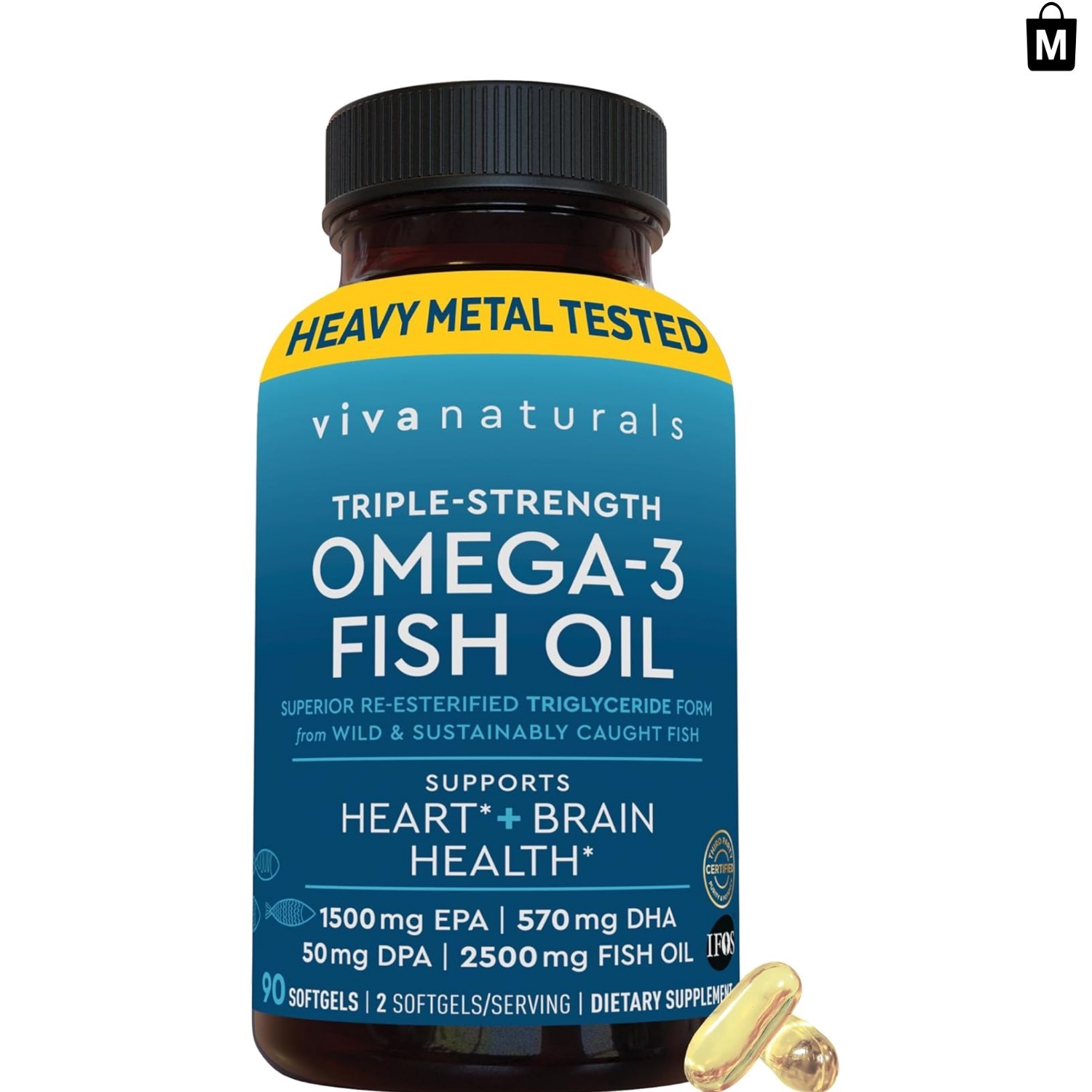 Triple Strength Pure Omega-3 Fish Oil, 2500 mg for Heart & Brain Health, 90 S…