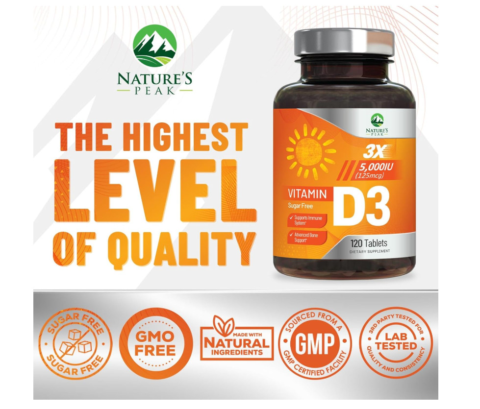 Vitamin D3 5000 IU 125mcg Chewable Tablets Raspberry Immune Bone Health 120 Coun
