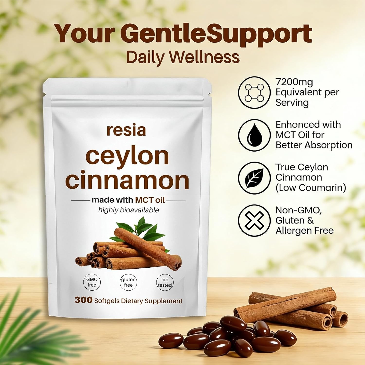 RESIA Ceylon Cinnamon Softgels with MCT Oil, Herbal Cinnamon Extract for Dail…
