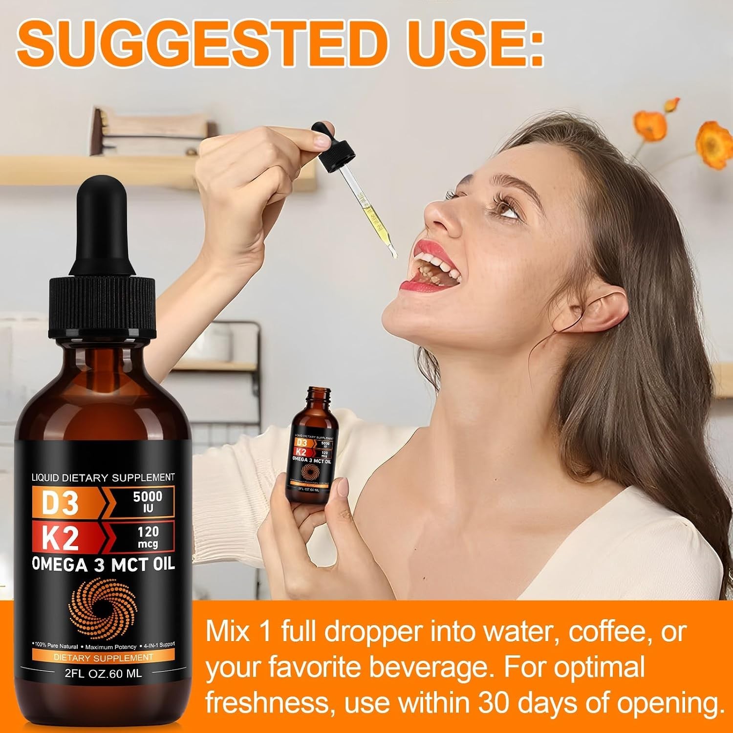 Daiasns Vitamin D3 5000 IU & K2 (MK-7) 120 mcg 60ml Drops with MCT Oil Omega 3,