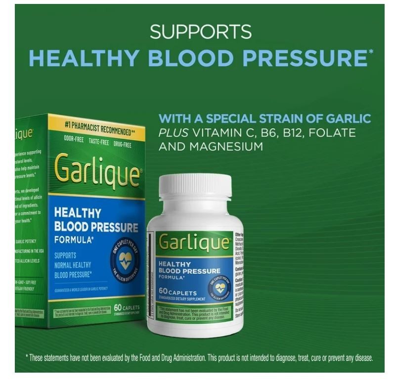 Garlique Healthy Blood Pressure Supplement 60 Caplets Odor Free Vegan Gluten