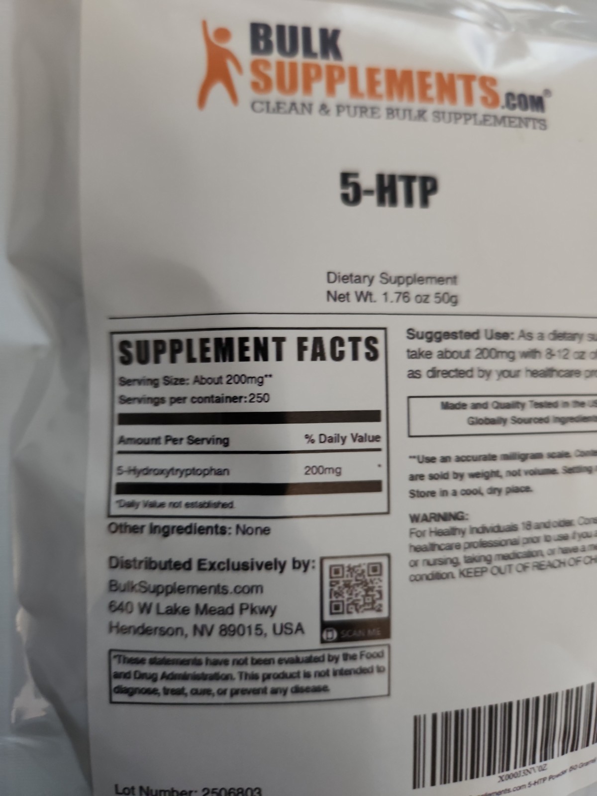 BulkSupplements 5-HTP Powder (5-Hydroxytryptophan) 200mg. Net Wt. 1.78 Oz 50g